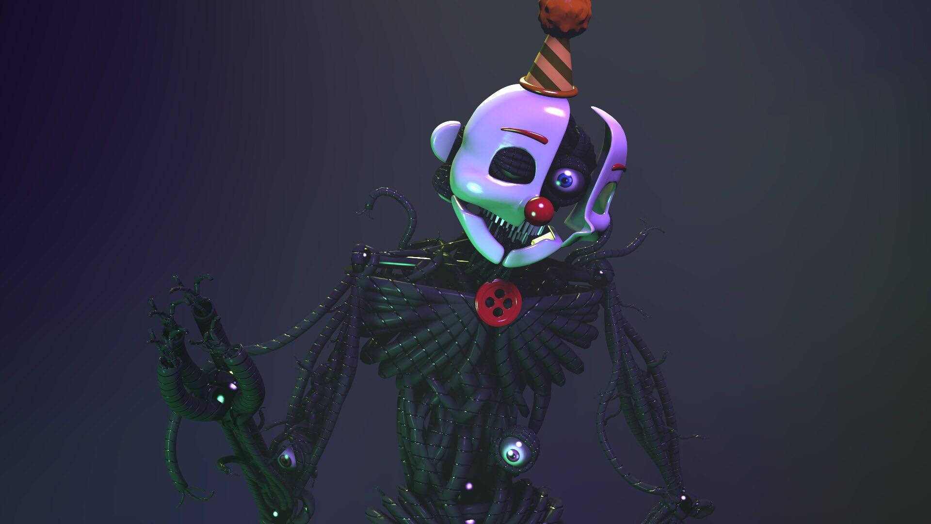 Ennard 桌布 壁紙 — 一個面容分裂、眼睛發光的可怕小丑站在黑色背景前，戴著派對帽和紅色紐扣。