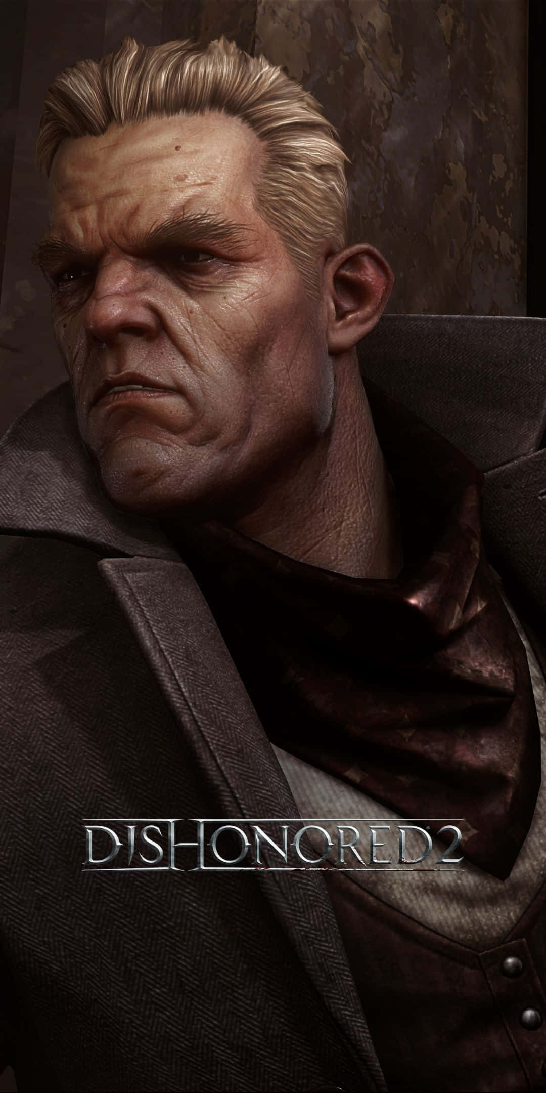 Pixel 3 Dishonored 2 桌布 壁紙 — 一個面容嚴肅、梳著向後梳的金髮、身穿深色外套的男人，對著有紋理的石牆凝視。
