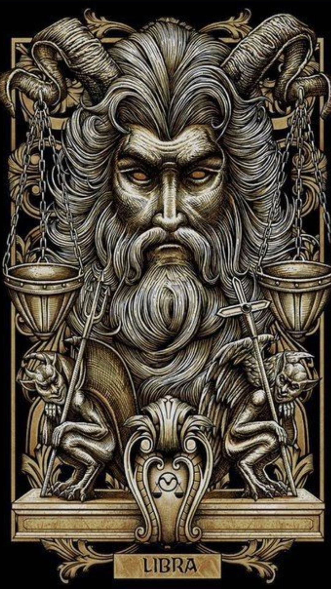 zodiac 桌布 壁紙 — 一個面容嚴肅的天秤座星座神，帶有公羊角和由獅鷲持有的天秤，以華麗的金色浮雕呈現。