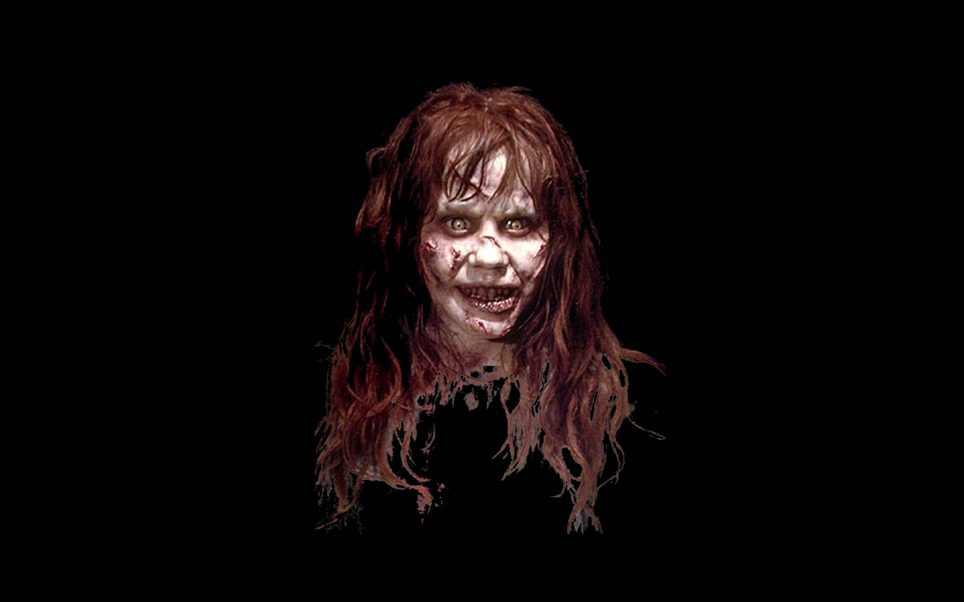 Exorcist 桌布 壁紙 — 一個面容恐怖、滿臉鮮血、頭髮凌亂的女人，在黑色虛空中強烈地凝視。