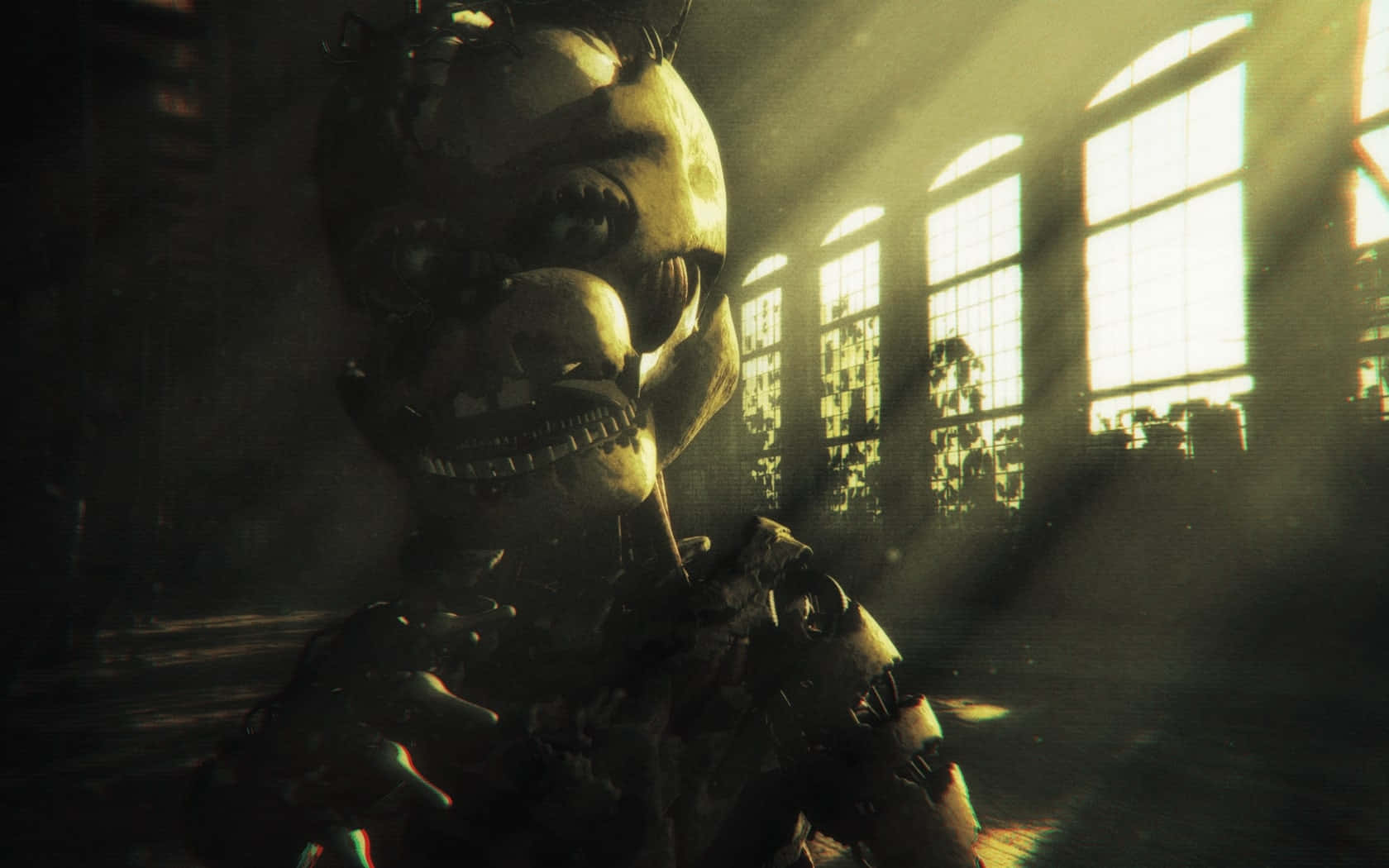 Scraptrap 桌布 壁紙 — 一個面容破損的威脅性機械玩偶，在灰塵滿佈的廢棄建築中若隱若現，金色陽光從破窗傾瀉而入。