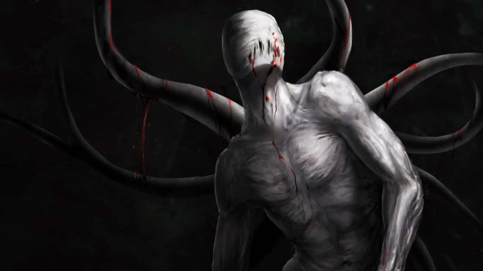 Creepypasta 桌布 壁紙 — 一個面容血跡斑斑、帶有黑暗觸手的怪誕人形生物從陰影黑暗中浮現。
