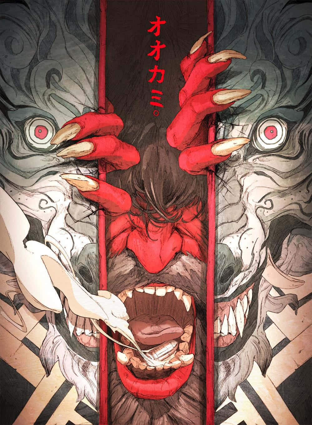 Yokai 桌布 壁紙 — 一個面容赤紅、利爪鋒利的可怕鬼怪緊握紅色欄杆，身後有兩顆幽靈狼頭，眼睛發光，隱隱逼近。