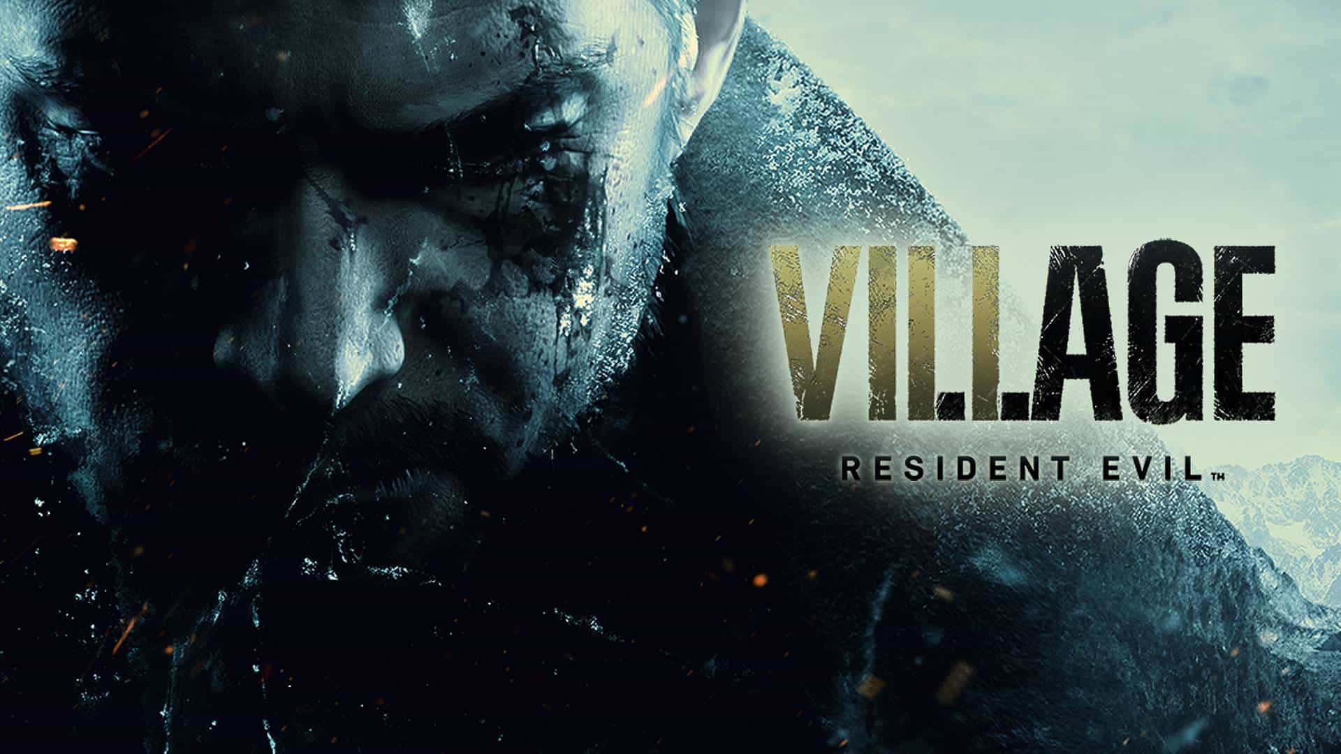 Resident Evil Village 桌布 壁紙 — 一個面容陰沉、雙眼流血、身穿黑色斗篷的男人，在白雪皚皚的山景背景下，帶著「Village」標題，凝視著前方。