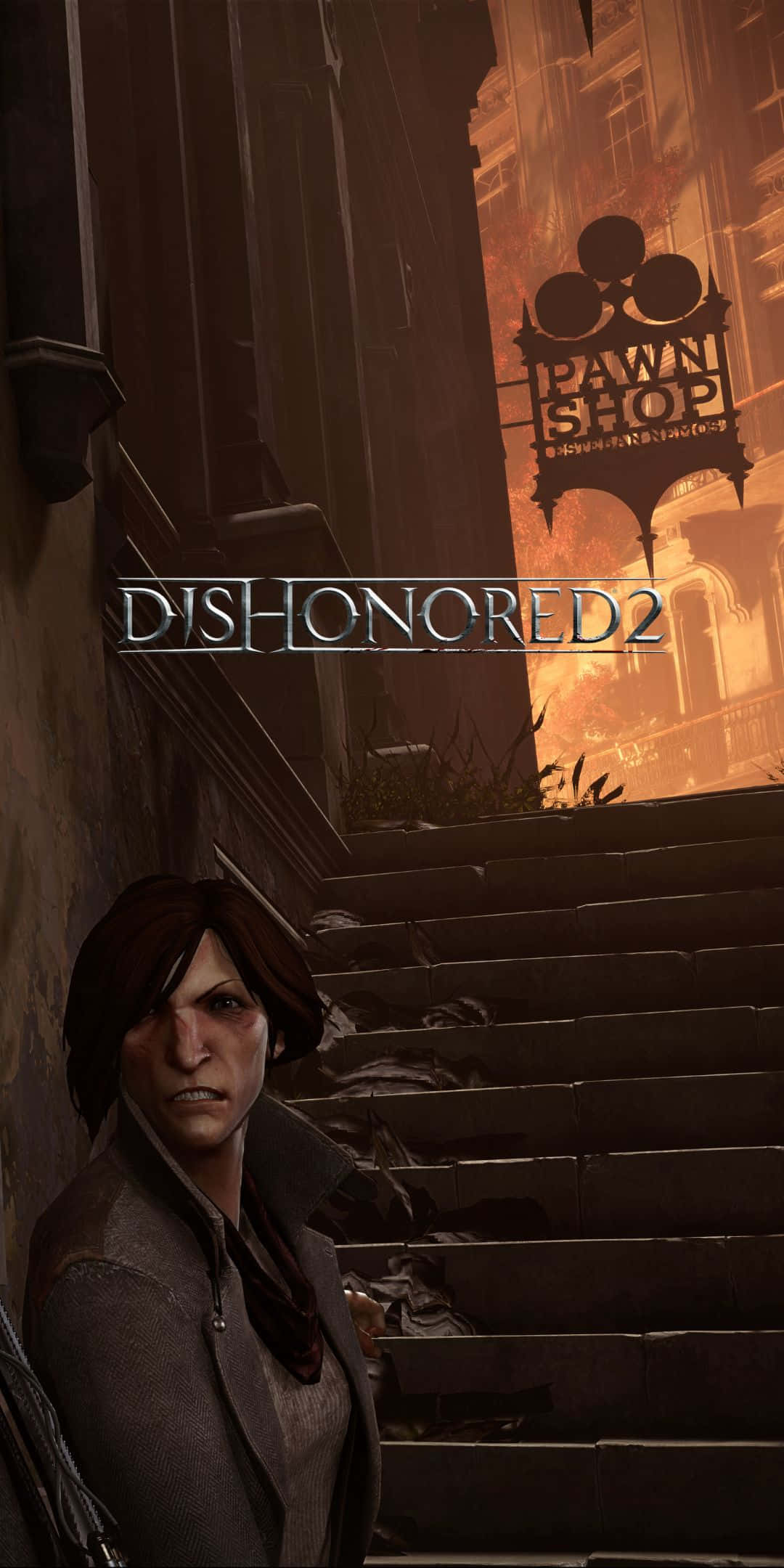 Pixel 3 Dishonored 2 桌布 壁紙 — 一個面容陰沉的主角站在石階底部，通往一個在反烏托邦城市景觀中燃燒的當鋪招牌。
