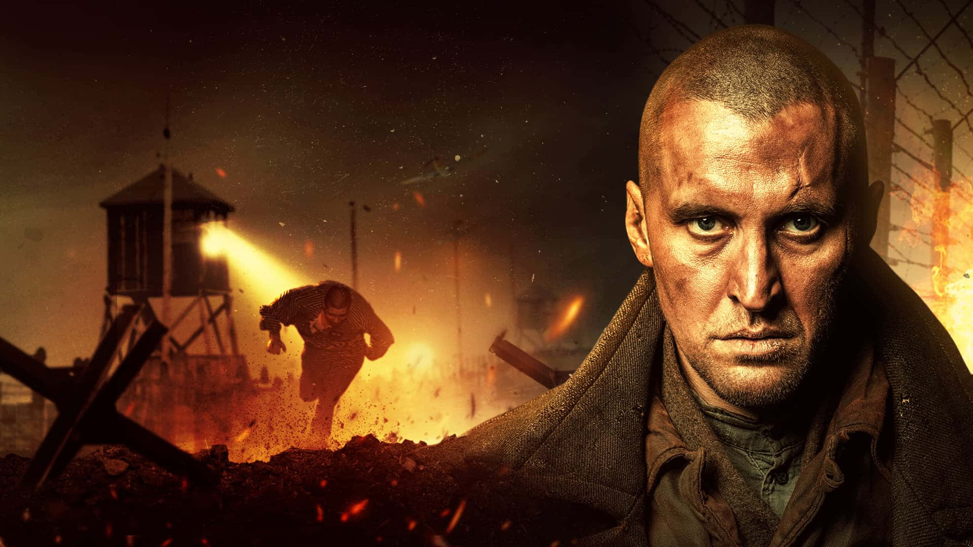 1920x1080 Wolfenstein Ii 桌布 壁紙 — 一個面容陰沉的男人專注地凝視，而另一個身影在瞭望塔附近的火海混亂中奔跑。