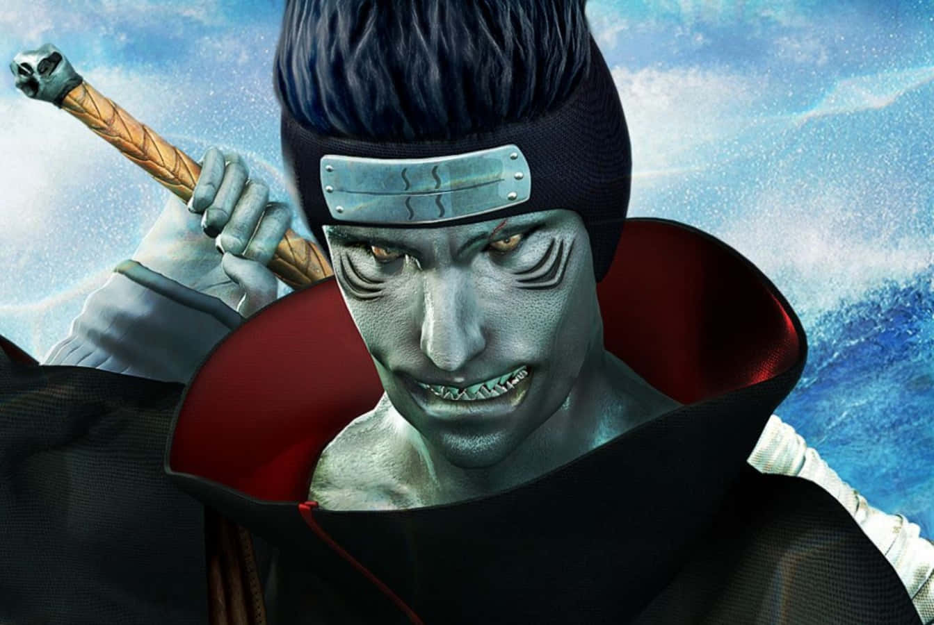 Kisame 桌布 壁紙 — 一個面色蒼白、紅眼睛的威脅性動漫忍者，在暴風雨藍天背景下緊握武器。