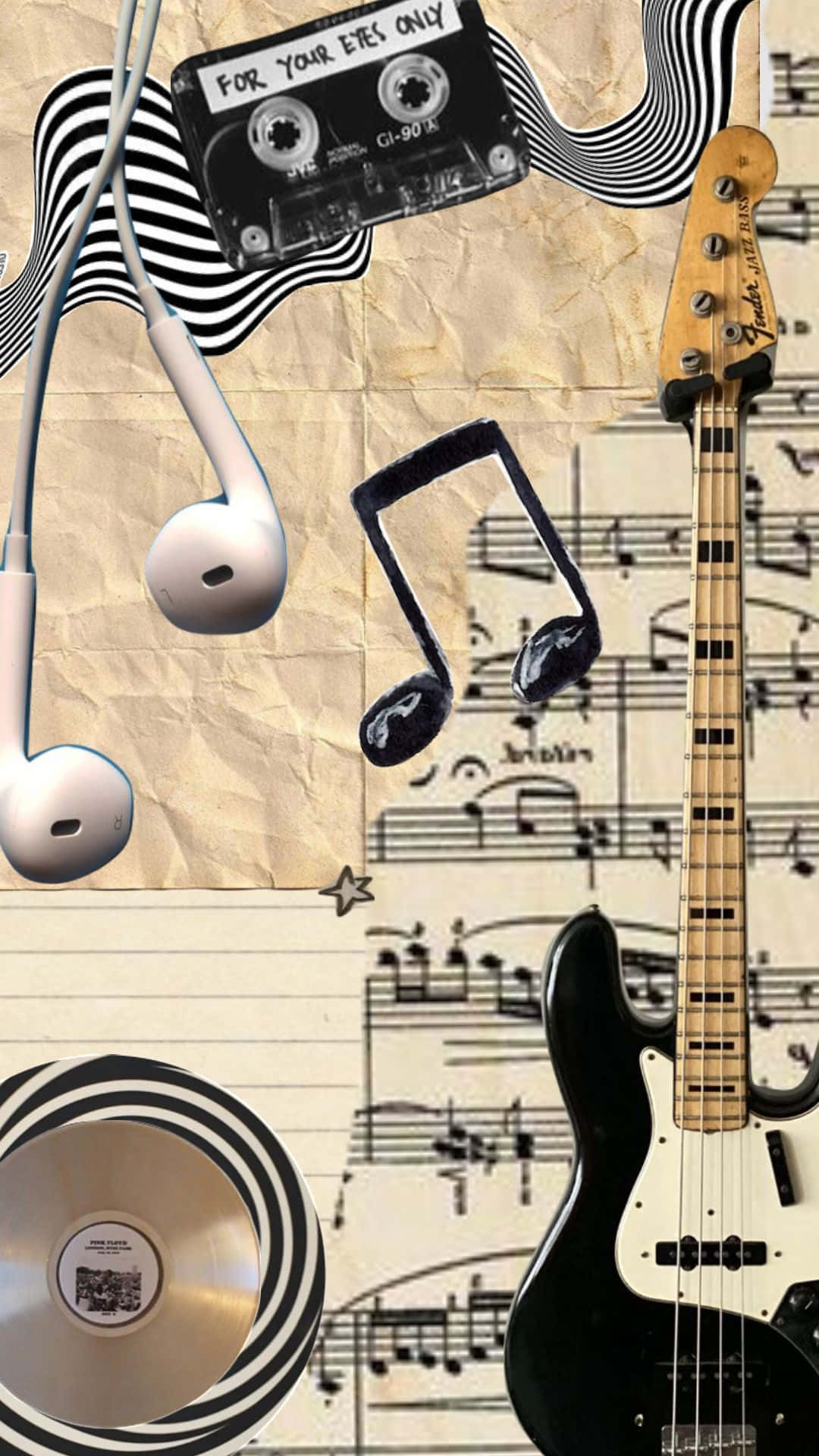 Mixtape 桌布 壁紙 — 一個音樂設備拼貼，包括低音吉他、卡式錄音帶和耳塞，放在皺巴巴的樂譜上，帶有醒目的黑白條紋。