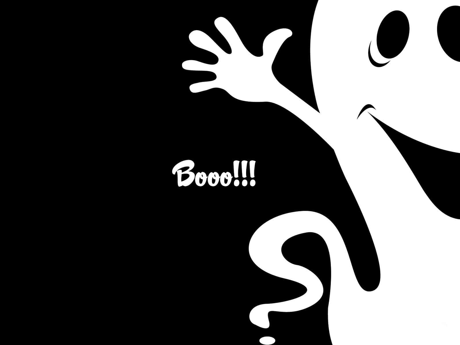 Halloween Laptop 桌布 壁紙 — 一個頑皮的卡通鬼魂，咧嘴大笑，舉起手，在純黑色背景上大喊「Booo!!!」。