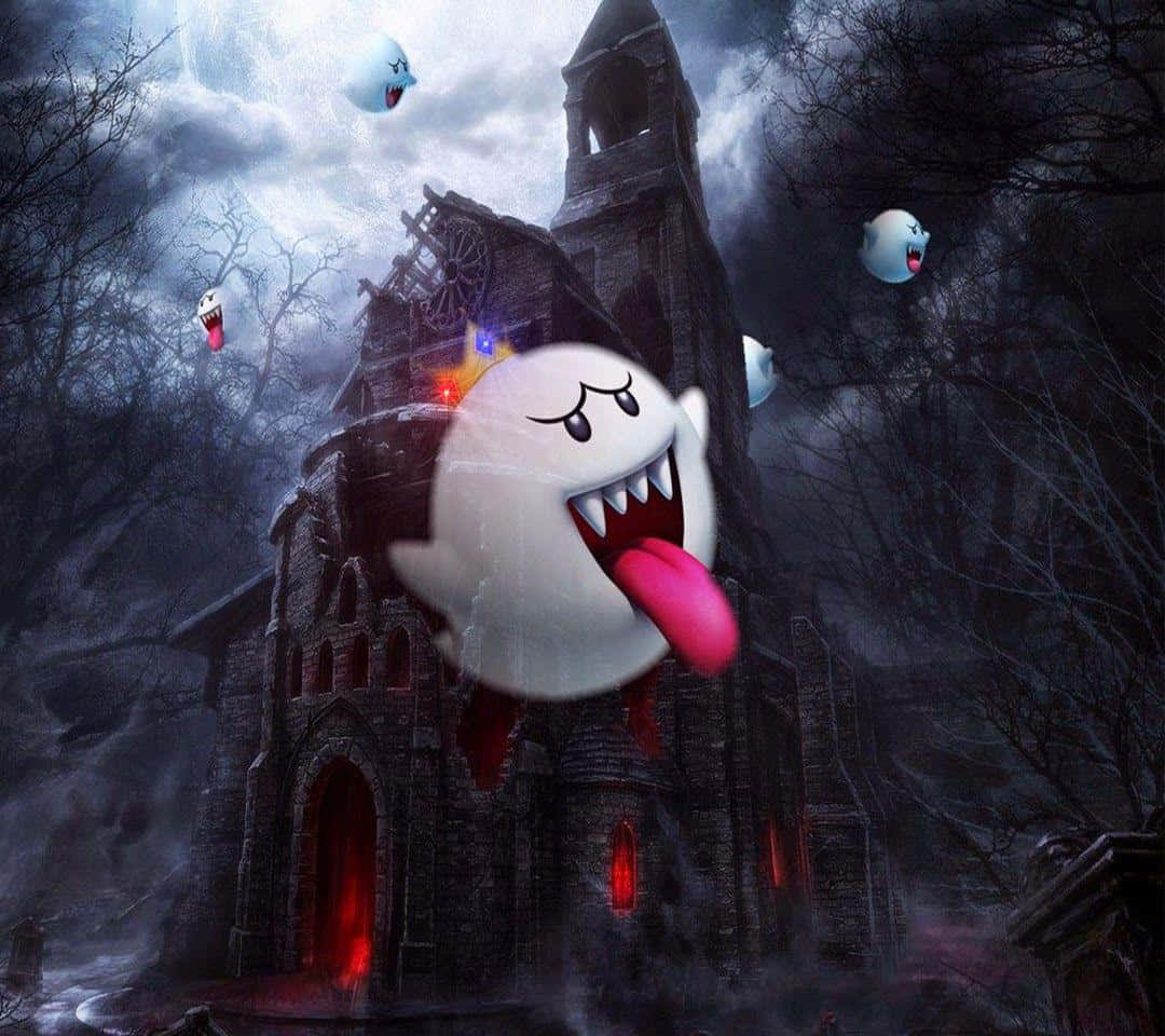 King Boo 桌布 壁紙 — 一個頑皮的鬼魂伸出粉紅色舌頭，在暴風雨的夜空下漂浮在一座鬧鬼的哥德式教堂前。