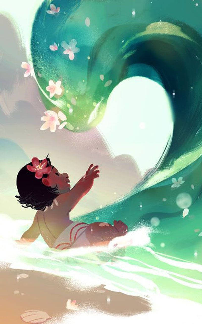 Baby Moana 桌布 壁紙 — 一個頭上戴花的年輕女孩愉快地騎著發光的綠色波浪，周圍飄浮著櫻花。
