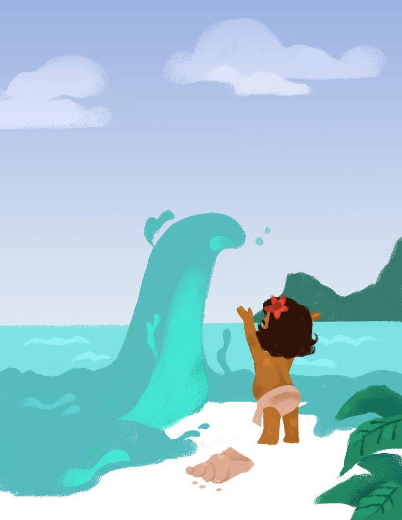 Baby Moana 桌布 壁紙 — 一個頭上戴著紅花的孩子站在沙灘上，伸手觸摸一條友善的綠松色鯨魚，鯨魚在柔和的藍天下靠近綠色山丘躍出水面。