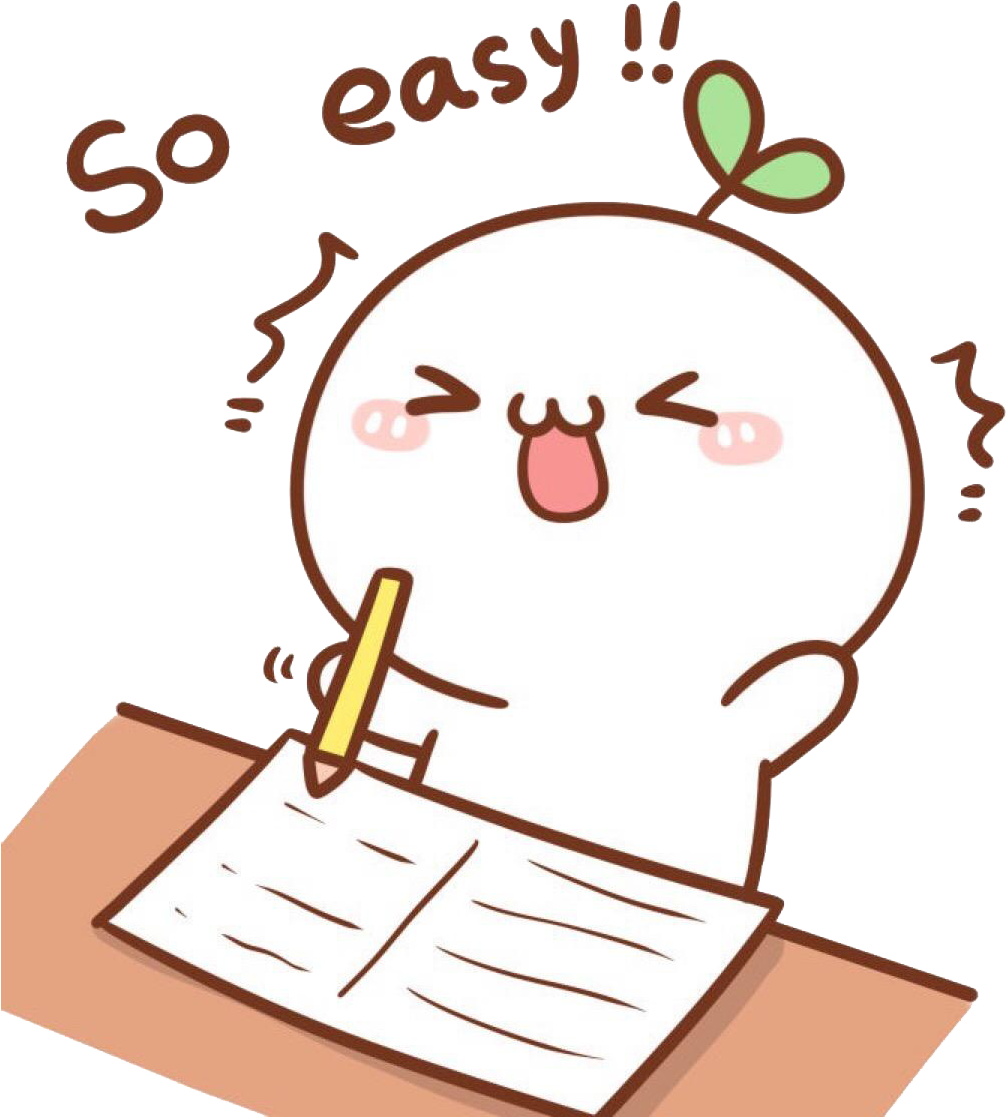 Notebook 桌布 壁紙 — 一個頭上有嫩芽的可愛白色卡通角色，正開心地用鉛筆在紙上寫字，大喊「這麼簡單!!」