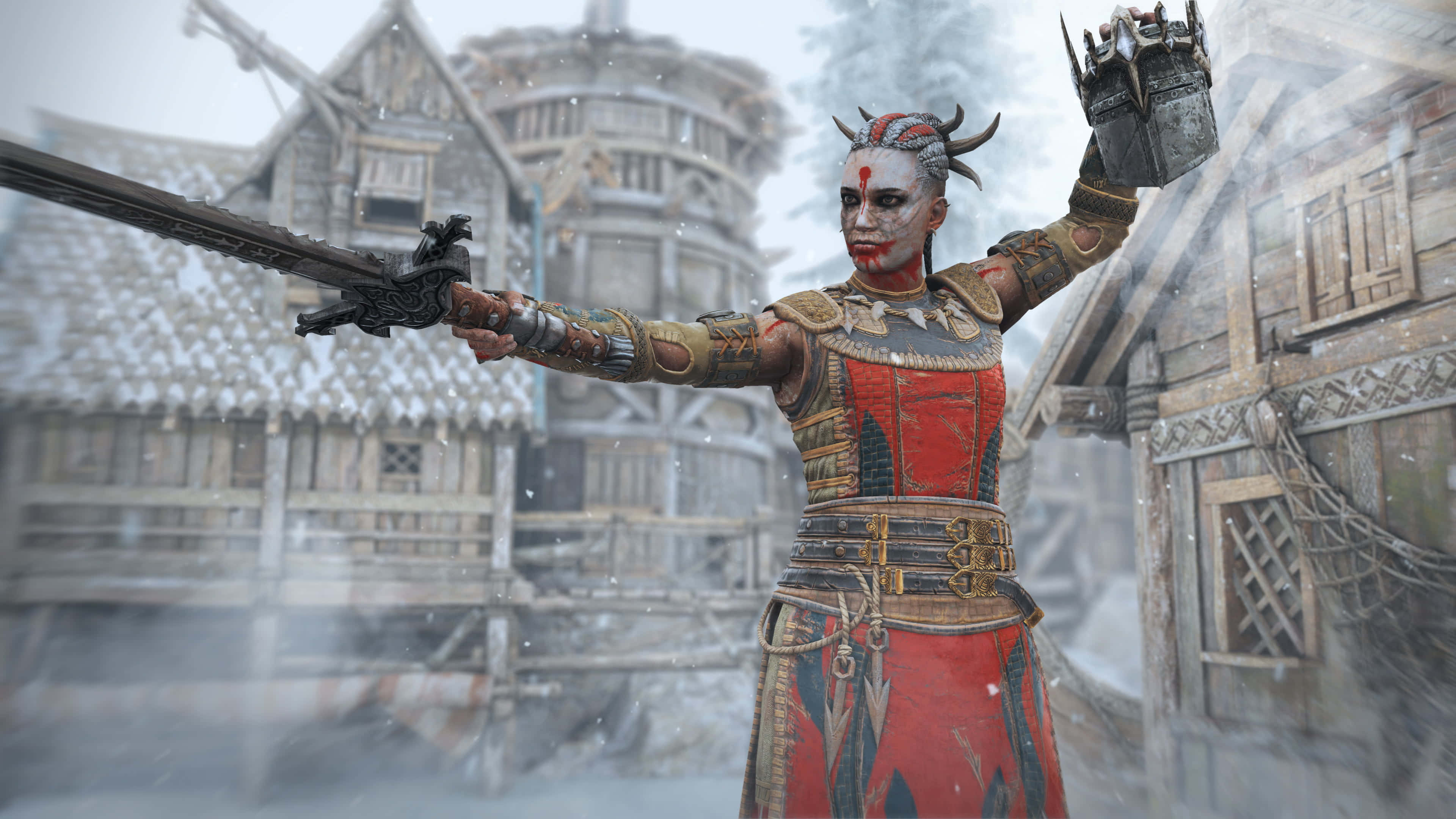 For Honor 桌布 壁紙 — 一個頭上有角、臉上塗有紅色顏料的戰士，在白雪覆蓋的維京村莊中揮舞著劍和錘子。