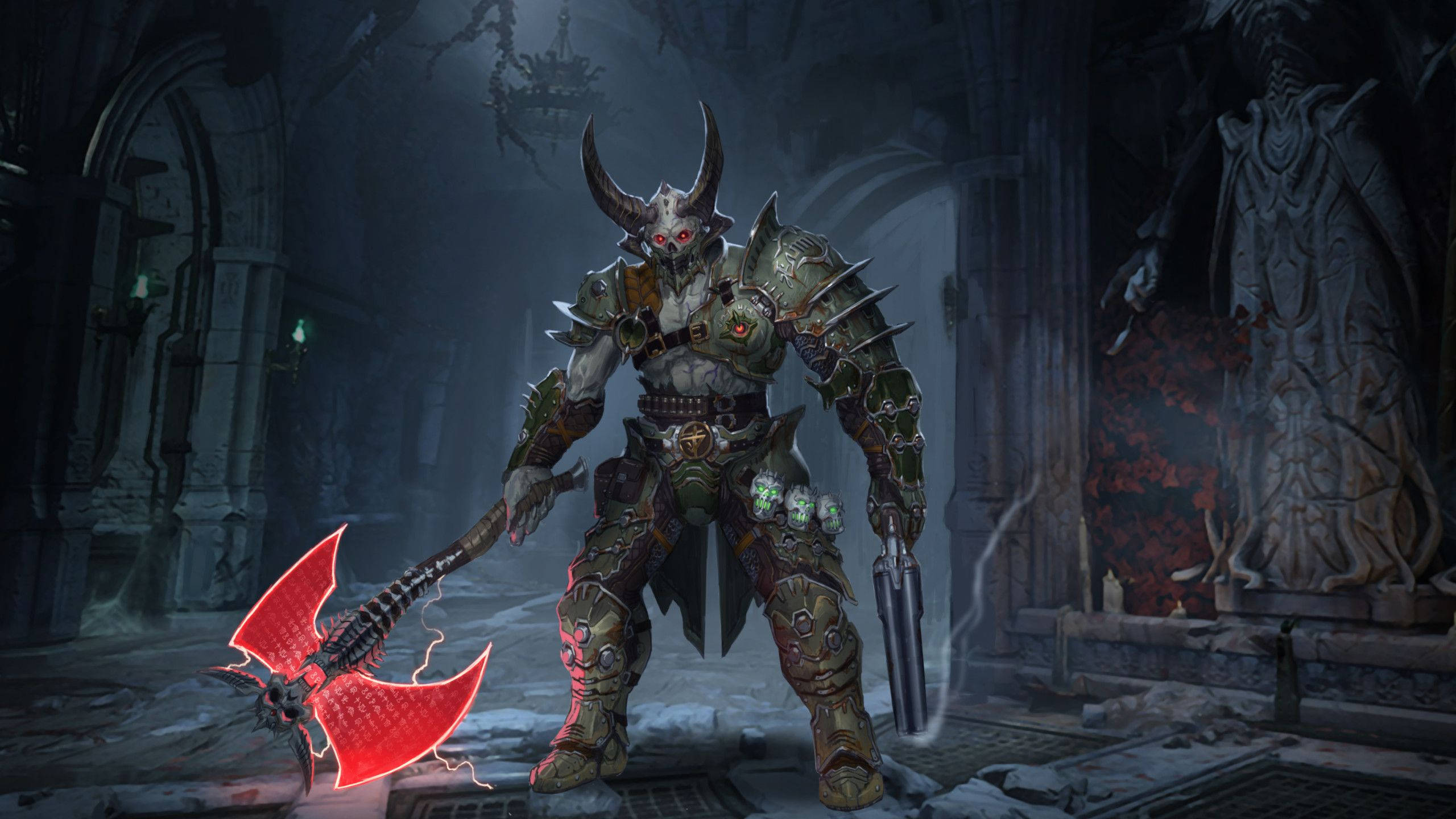 doom HD 桌布 壁紙 — 一個頭上有角、身穿尖刺盔甲的惡魔戰士，在搖搖欲墜的哥德式大教堂中揮舞著一把發光的紅色斧頭。
