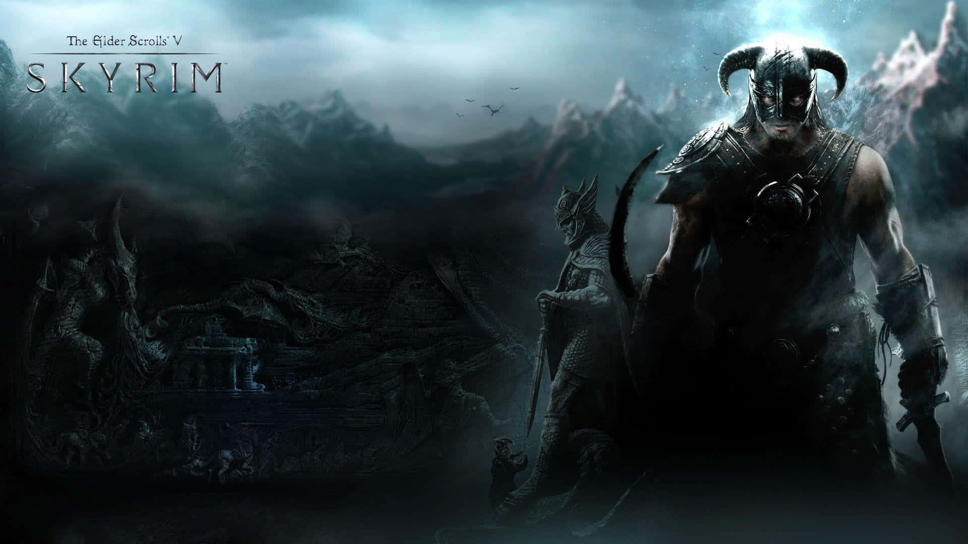 The Elder Scrolls V Skyrim 桌布 壁紙 — 一個頭上有角的黑暗裝甲戰士，站在陰沉天空下霧氣瀰漫的山地景觀中的一座廢棄寺廟前。