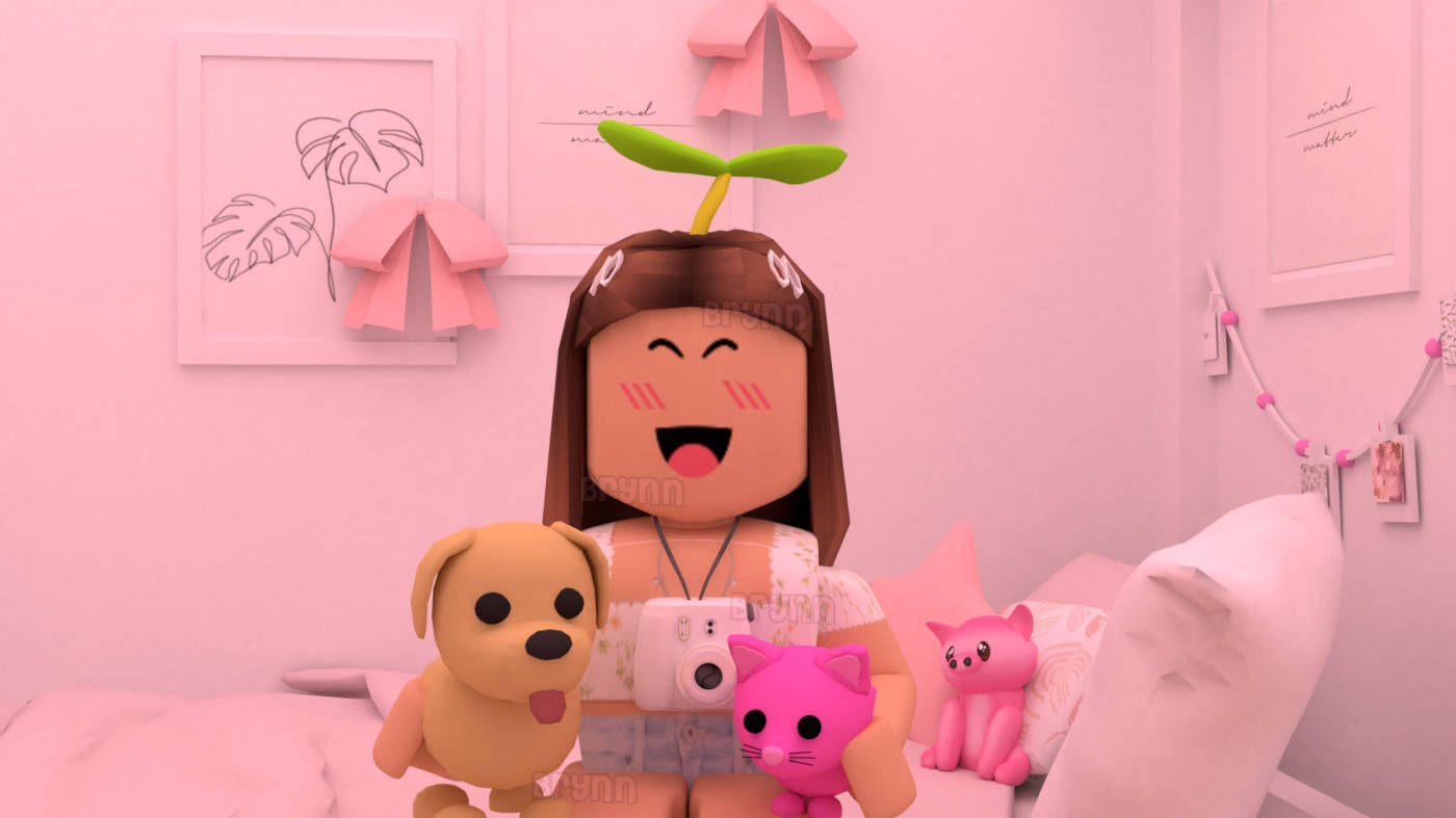 美學 Roblox 女孩 桌布 壁紙 — 一個頭上長出嫩芽的開心Roblox女孩，在粉紅色臥室裡抱著毛絨玩具微笑。