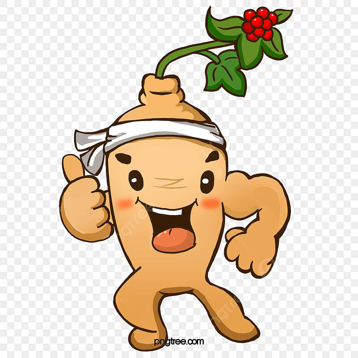 Ginseng Plant 桌布 壁紙 — 一個頭上長著紅色漿果芽的可愛卡通人參根角色，咧嘴大笑並豎起大拇指。