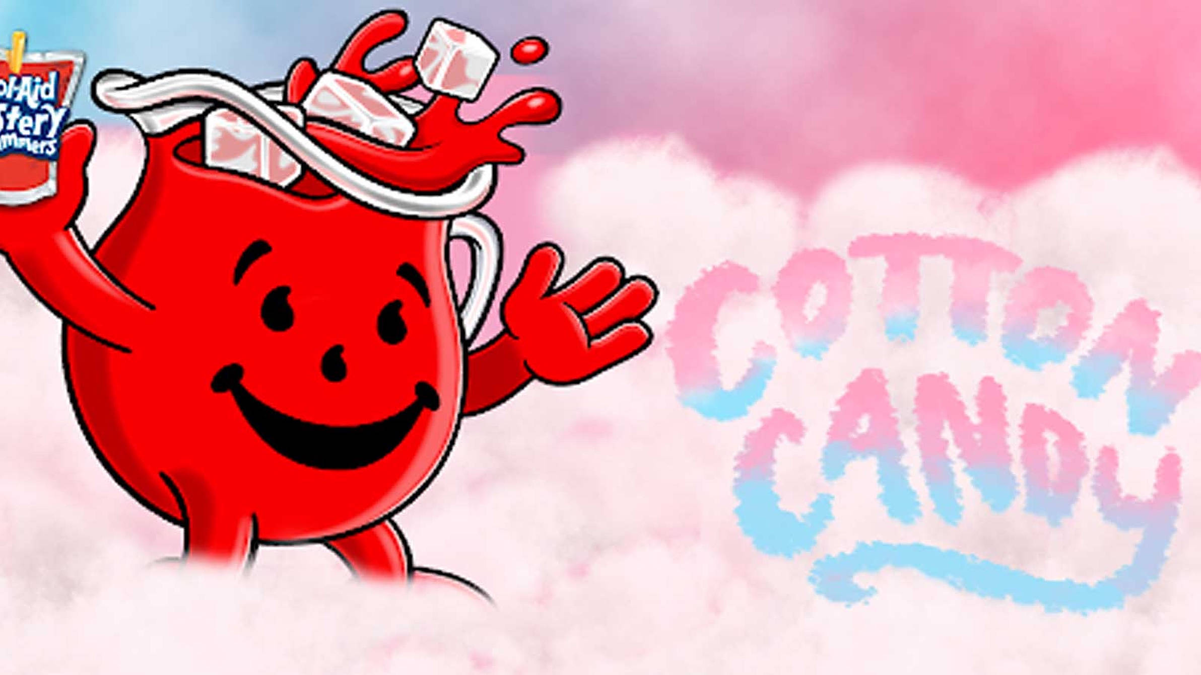 Kool Aid Man 桌布 壁紙 — 一個頭上頂著棉花糖的開心紅色卡通角色，在粉紅色棉花糖雲中揮手，並帶有 'COTTON CANDY' 字樣。
