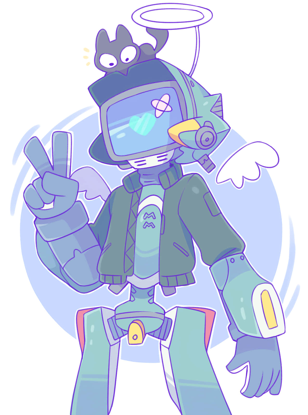 Flcl Canti 桌布 壁紙 — 一個頭上頂著貓咪、長著天使翅膀的開心動漫機器人，在柔和的藍色背景前比出和平手勢。