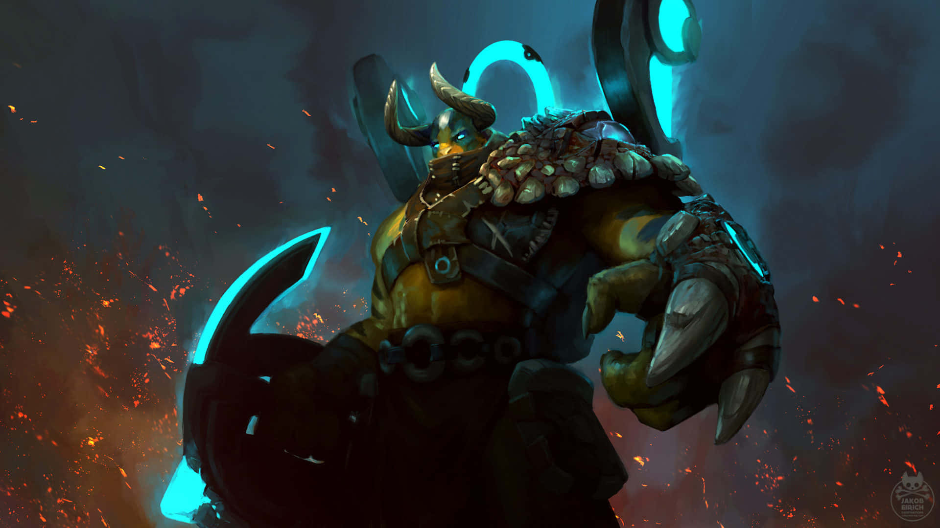 1920x1080 Dota 2 桌布 壁紙 — 一個頭戴尖刺盔甲的角鬥士在黑暗暴風雨背景下，於熾熱餘燼中揮舞著發光的藍色刀刃。