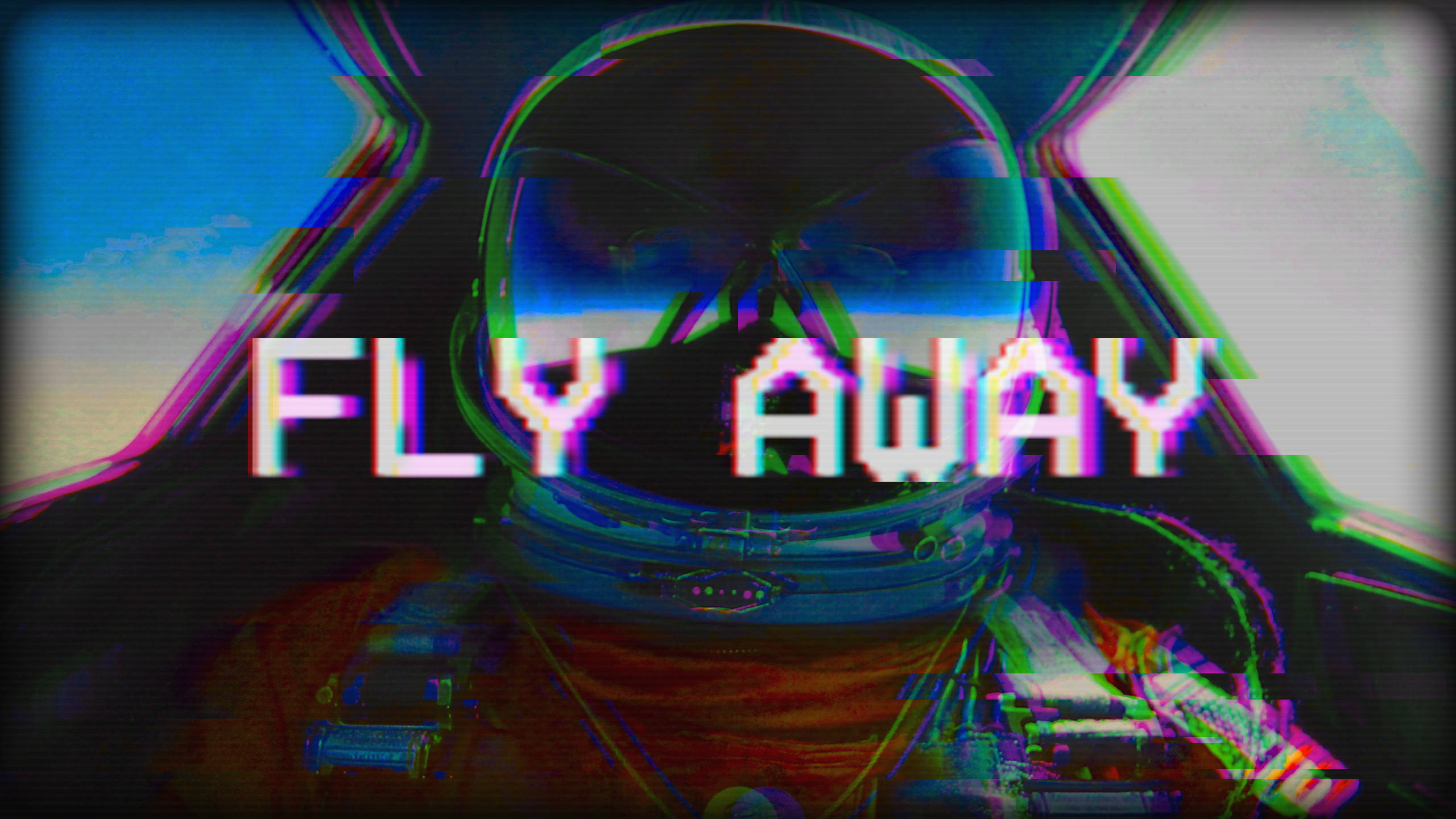 蒸氣波 桌布 壁紙 — 一個頭戴頭盔的故障太空人直視前方，文字「FLY AWAY」在破碎的天空背景下以色彩失真脈動。