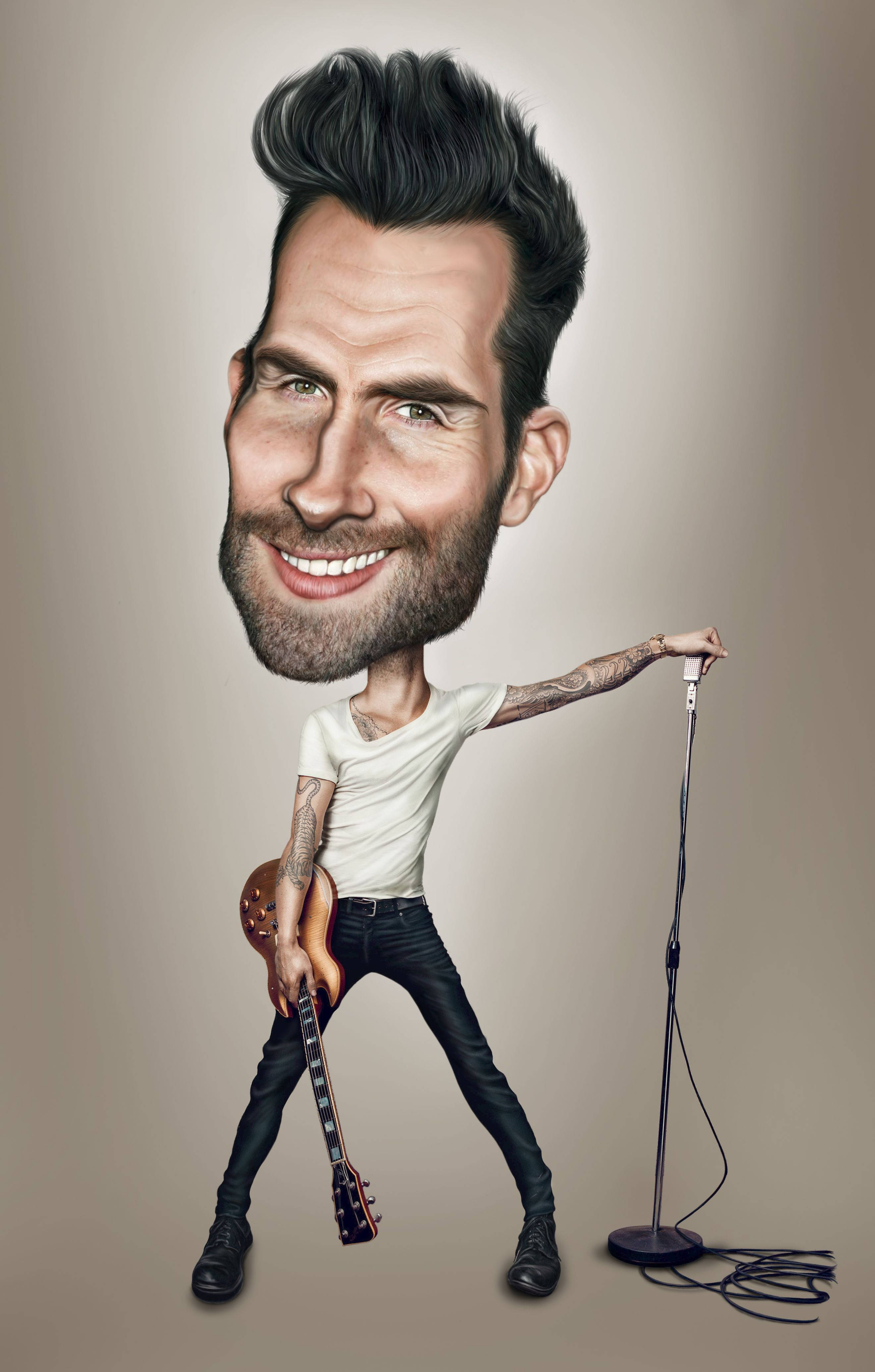 Adam Levine 桌布 壁紙 — 一個頭部巨大的漫畫化男人微笑著，一邊拿著吉他，一邊調整麥克風架。