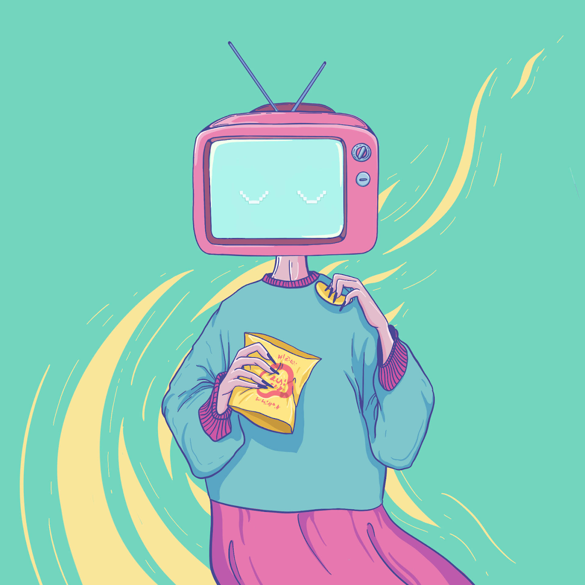 tv 桌布 壁紙 — 一個頭部是粉紅色復古電視機的人微笑著，在帶有黃色漩渦的藍綠色背景前拿著一包洋芋片。