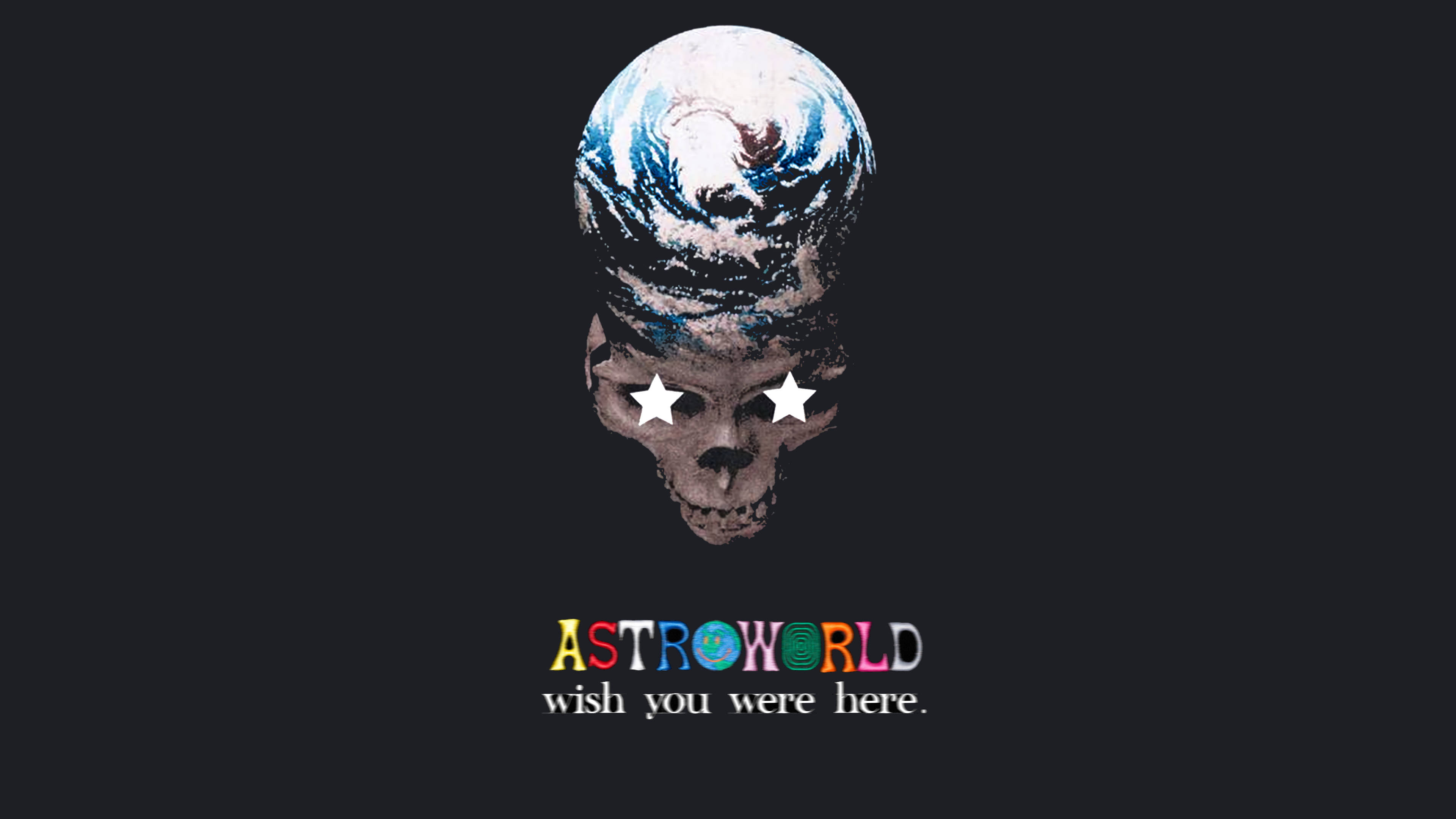 Astroworld 桌布 壁紙 — 一個頭部為地球儀、眼睛為星星的骷髏，置於黑色背景上，下方有彩色「ASTROWORLD」文字。