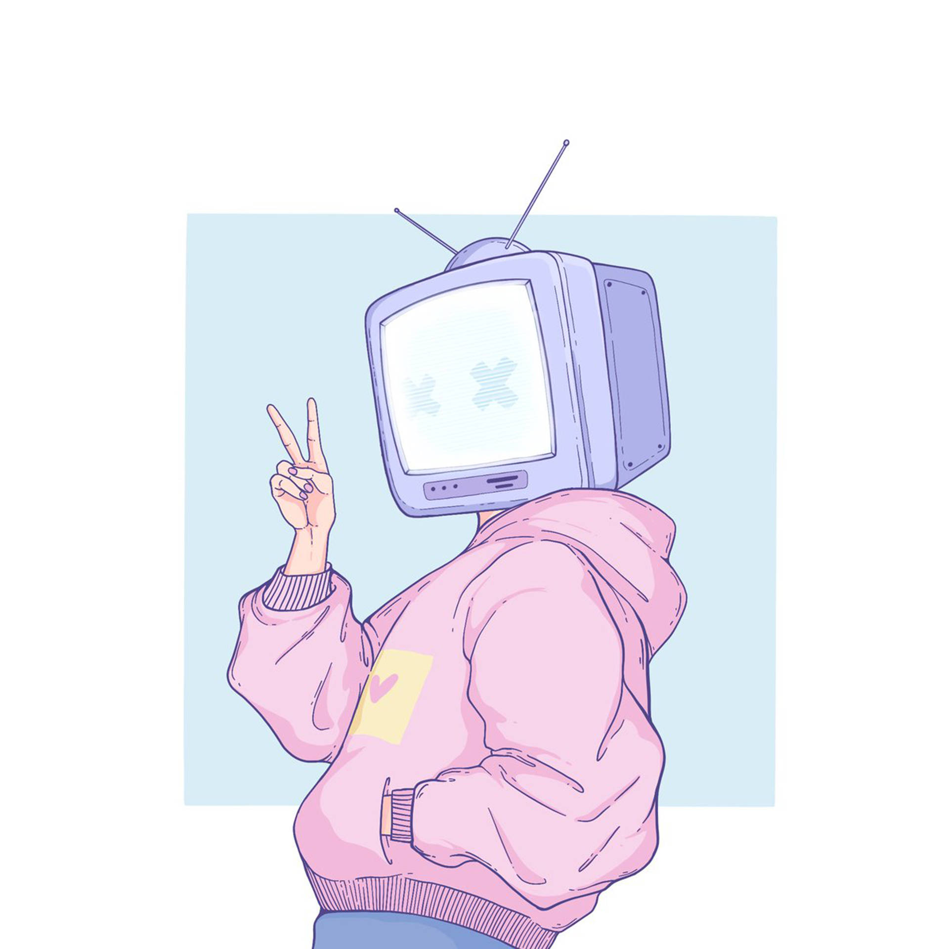 tv 桌布 壁紙 — 一個頭部為復古電視機的人穿著粉紅色連帽衫，在淺藍色背景前做出和平手勢。