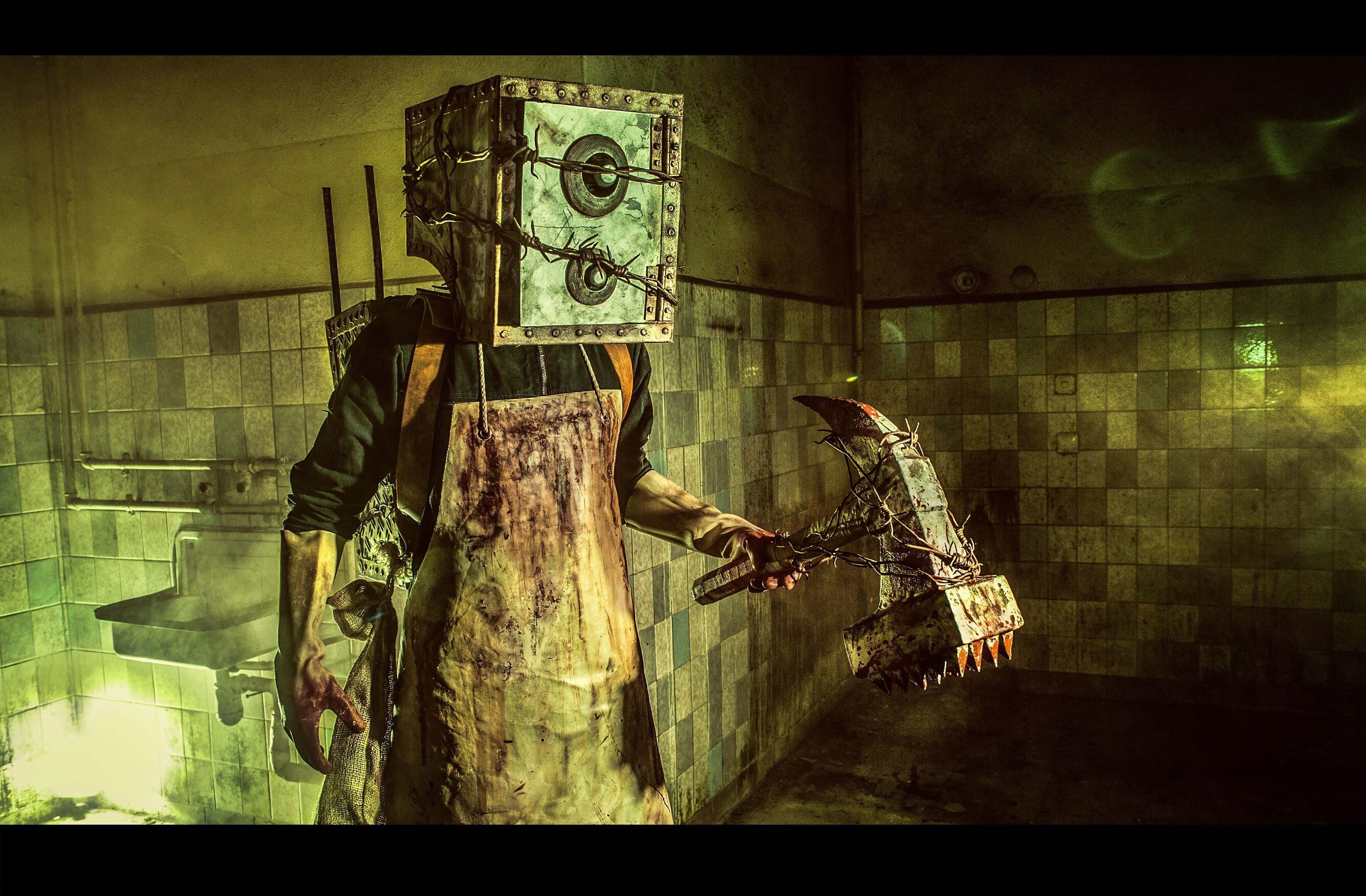 Horror Games 桌布 壁紙 — 一個頭部為箱子的怪誕生物，穿著血跡斑斑的圍裙，在骯髒的瓷磚浴室中握著一把帶刺的錘子。