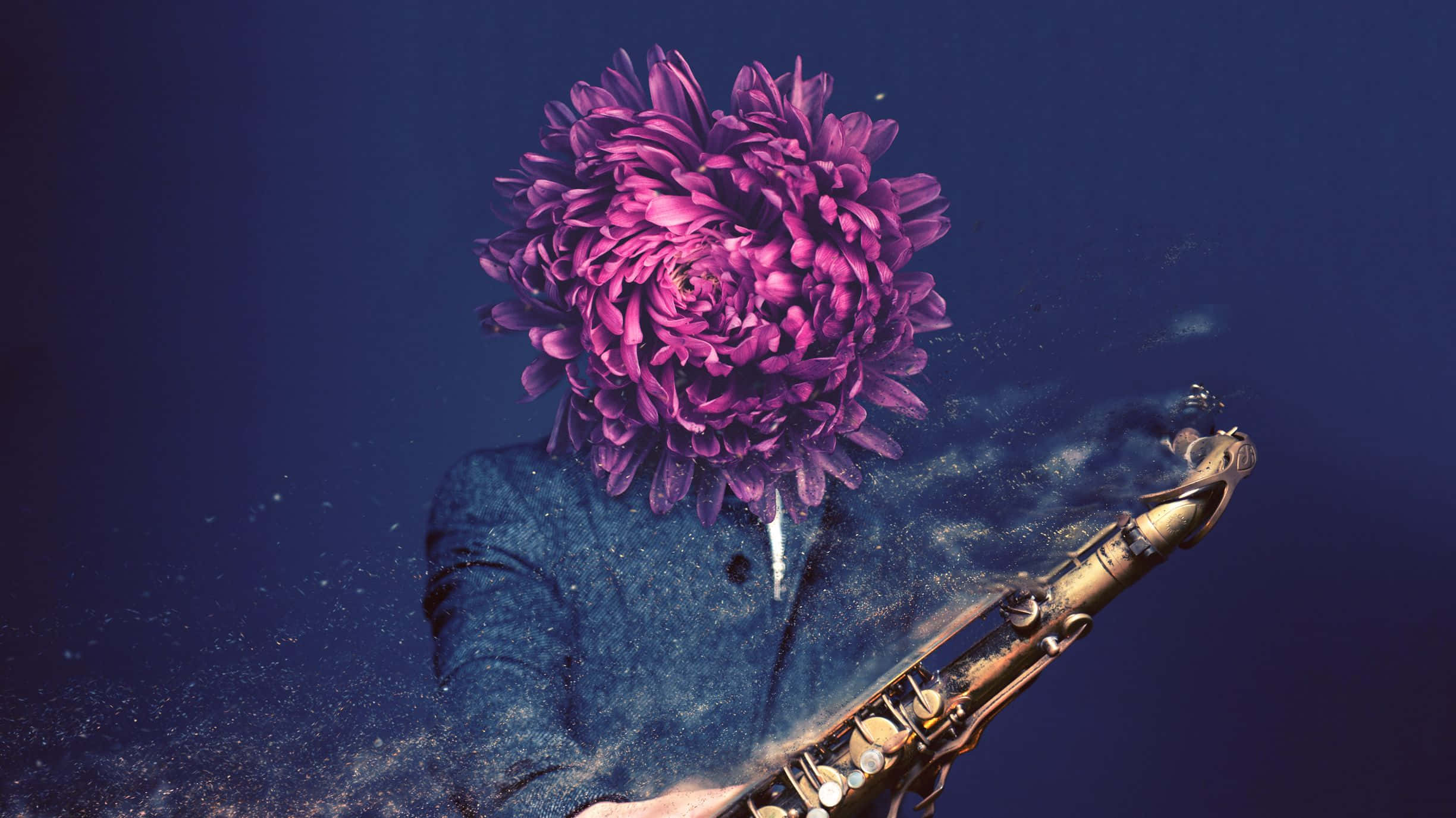 Jazz 桌布 壁紙 — 一個頭部為鮮豔紫色花朵的人，在深藍色背景前演奏金色薩克斯風。