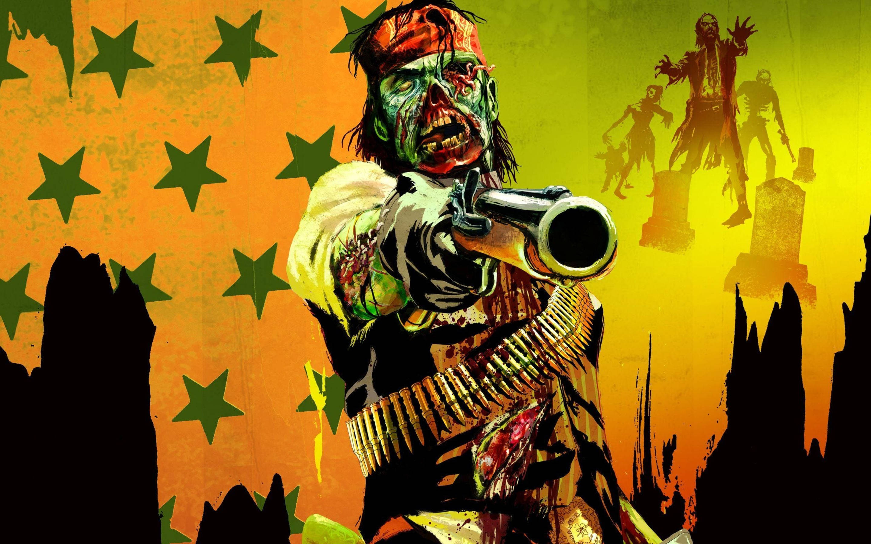 Red Dead Redemtion 2 桌布 壁紙 — 一個頭部纏著繃帶、滿臉鮮血的殭屍士兵，在帶有綠色星星和剪影殭屍的熾熱橙黃色背景下瞄準霰彈槍。