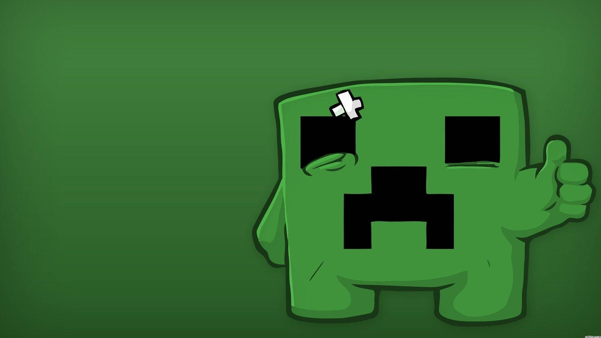 Creeper 桌布 壁紙 — 一個頭部貼著繃帶的開心綠色 Minecraft 苦力怕，在純綠色背景上豎起大拇指。