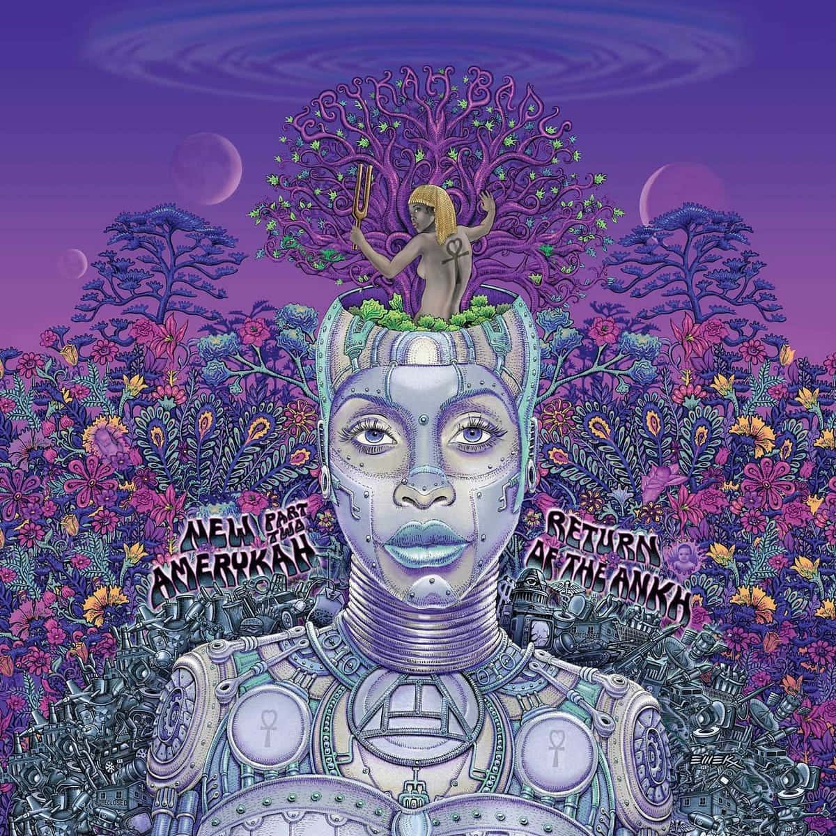 Afrofuturism 桌布 壁紙 — 一個頭頂長出樹木的機械女人，站在超現實的紫色田野中，天空暮色中有月亮。