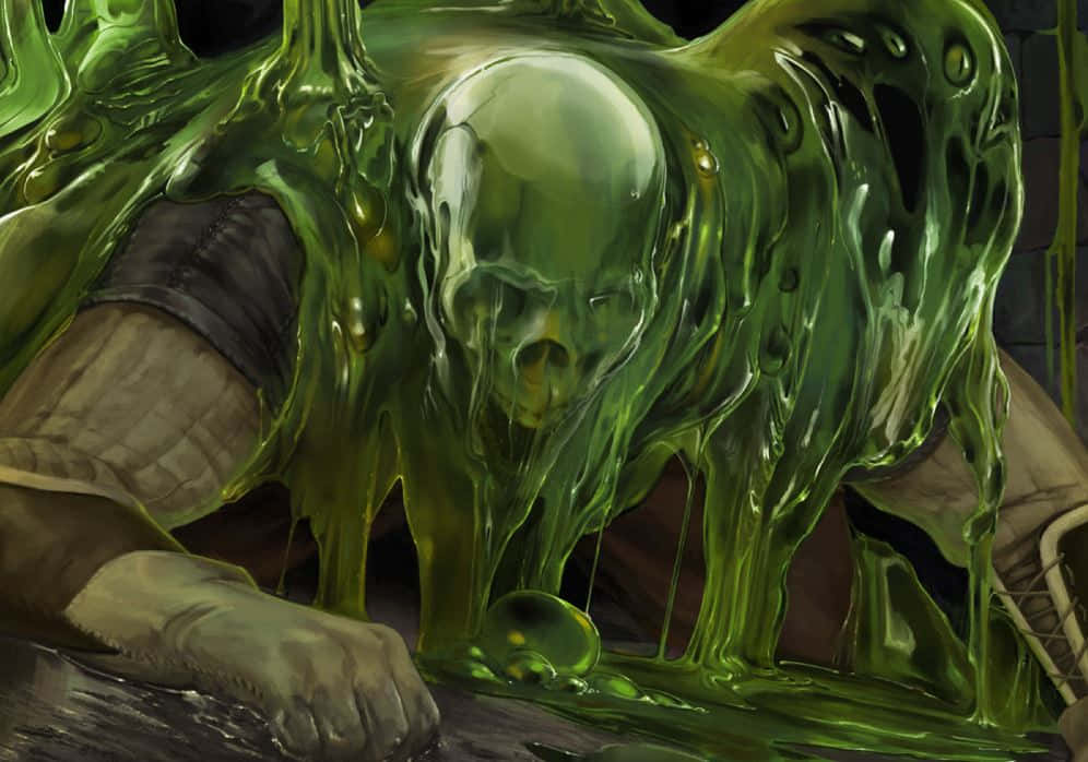 Halloween Slime 桌布 壁紙 — 一個頭骨頭部的怪誕人物被厚厚的綠色黏稠黏液包裹，黏液從其形體滴落。