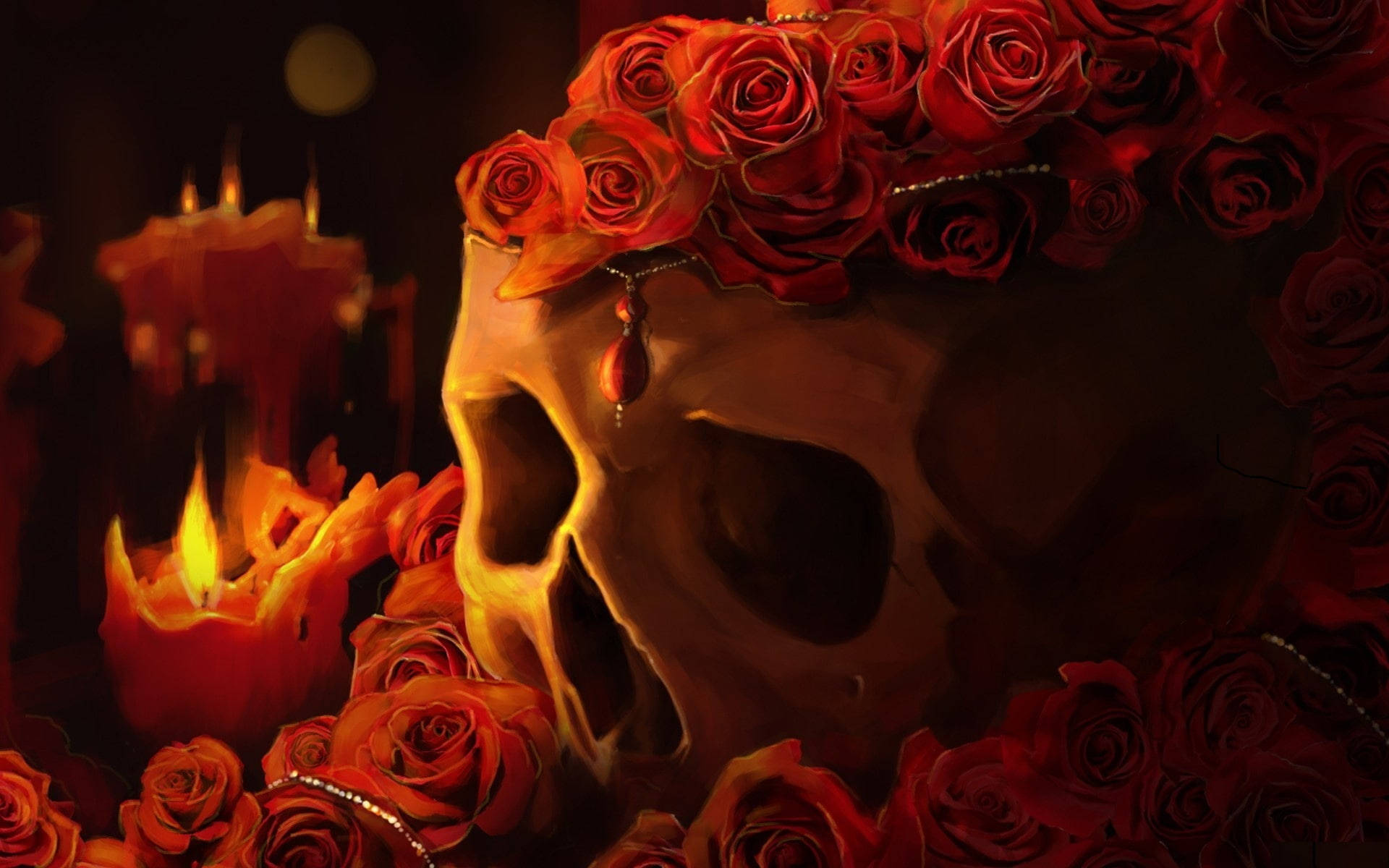 Goth 桌布 壁紙 — 一個頭骨飾有紅玫瑰和吊墜，在黑暗浪漫的環境中，在閃爍的蠟燭旁溫暖地發光。