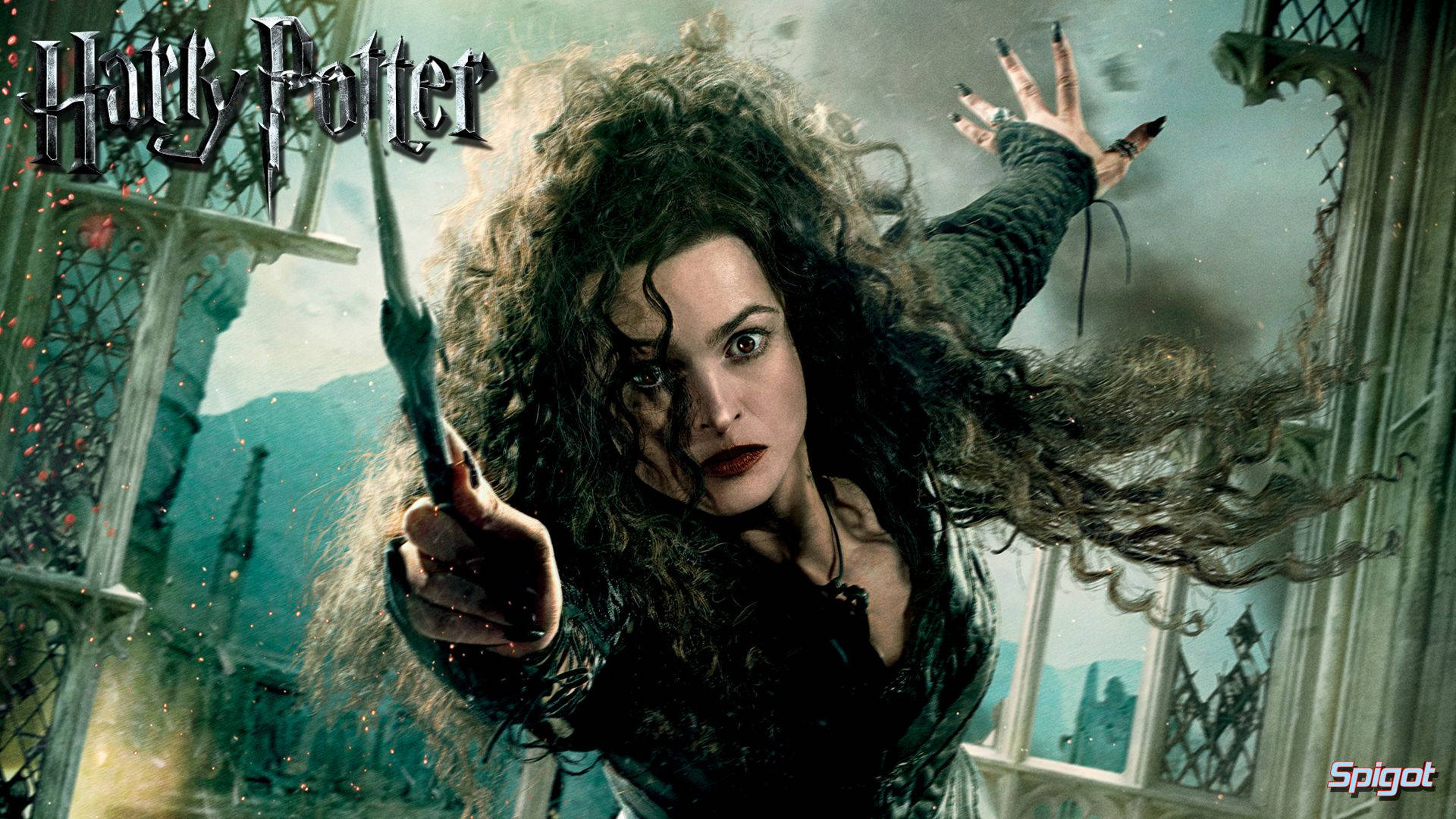 Sirius Black 桌布 壁紙 — 一個頭髮凌亂、指甲深色的女巫，在一個戲劇性的暴風雨城堡窗戶場景中，將魔杖指向前方。