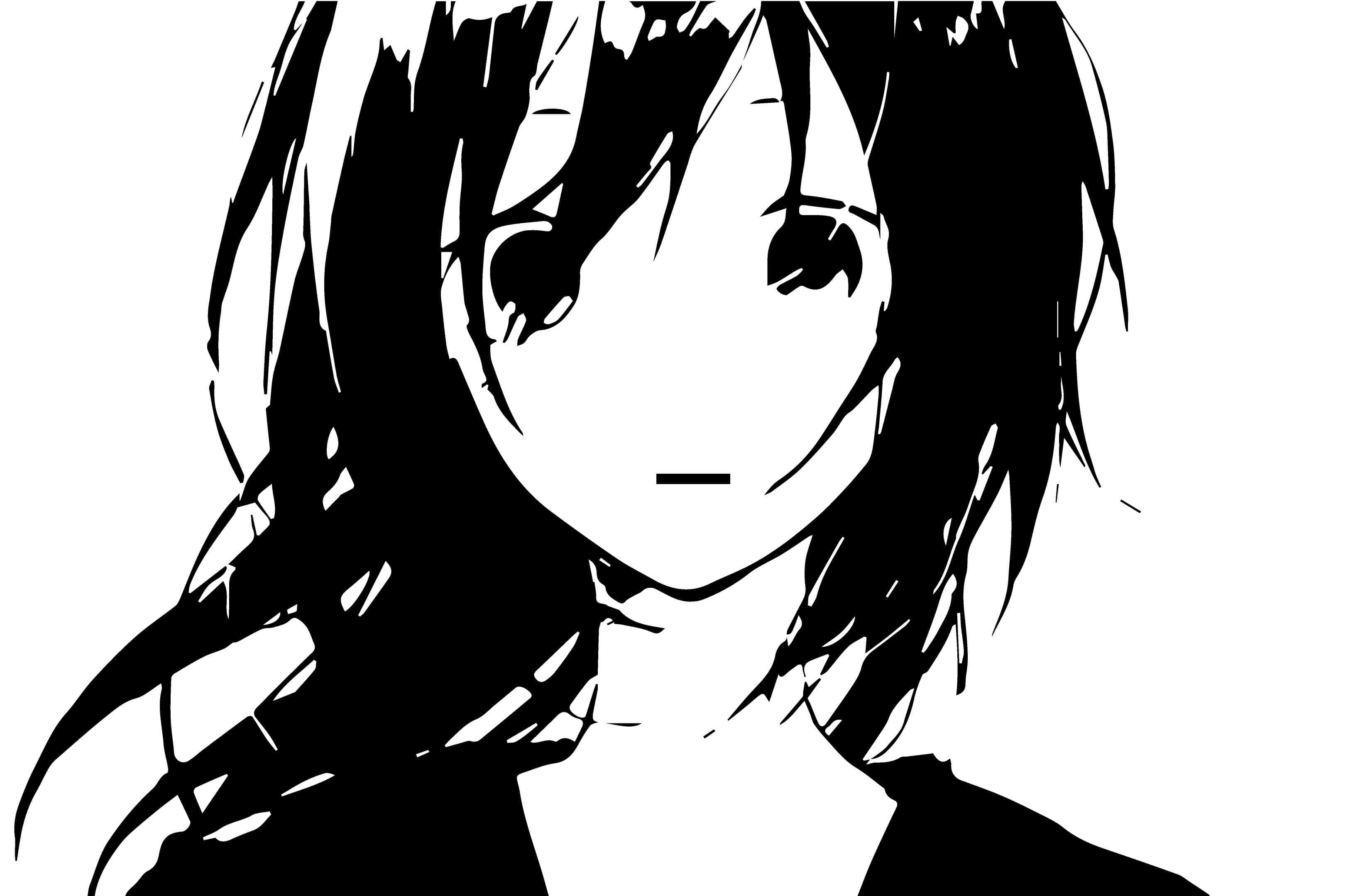 Black And White Anime 桌布 壁紙 — 一個頭髮凌亂、表情中性的女孩的清晰黑白動畫風格肖像。