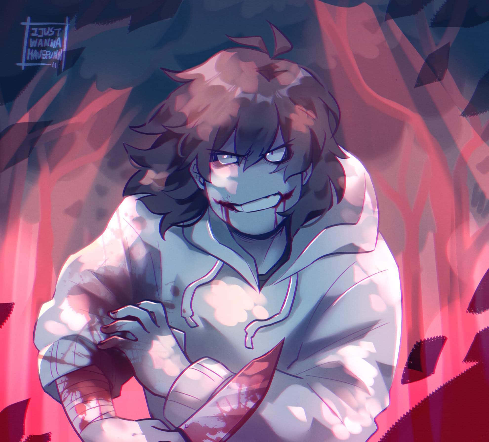 Jeff The Killer 桌布 壁紙 — 一個頭髮凌亂、露出陰險笑容的動漫角色，手持血淋淋的刀，背景是紅色和深藍色的抽象圖案。