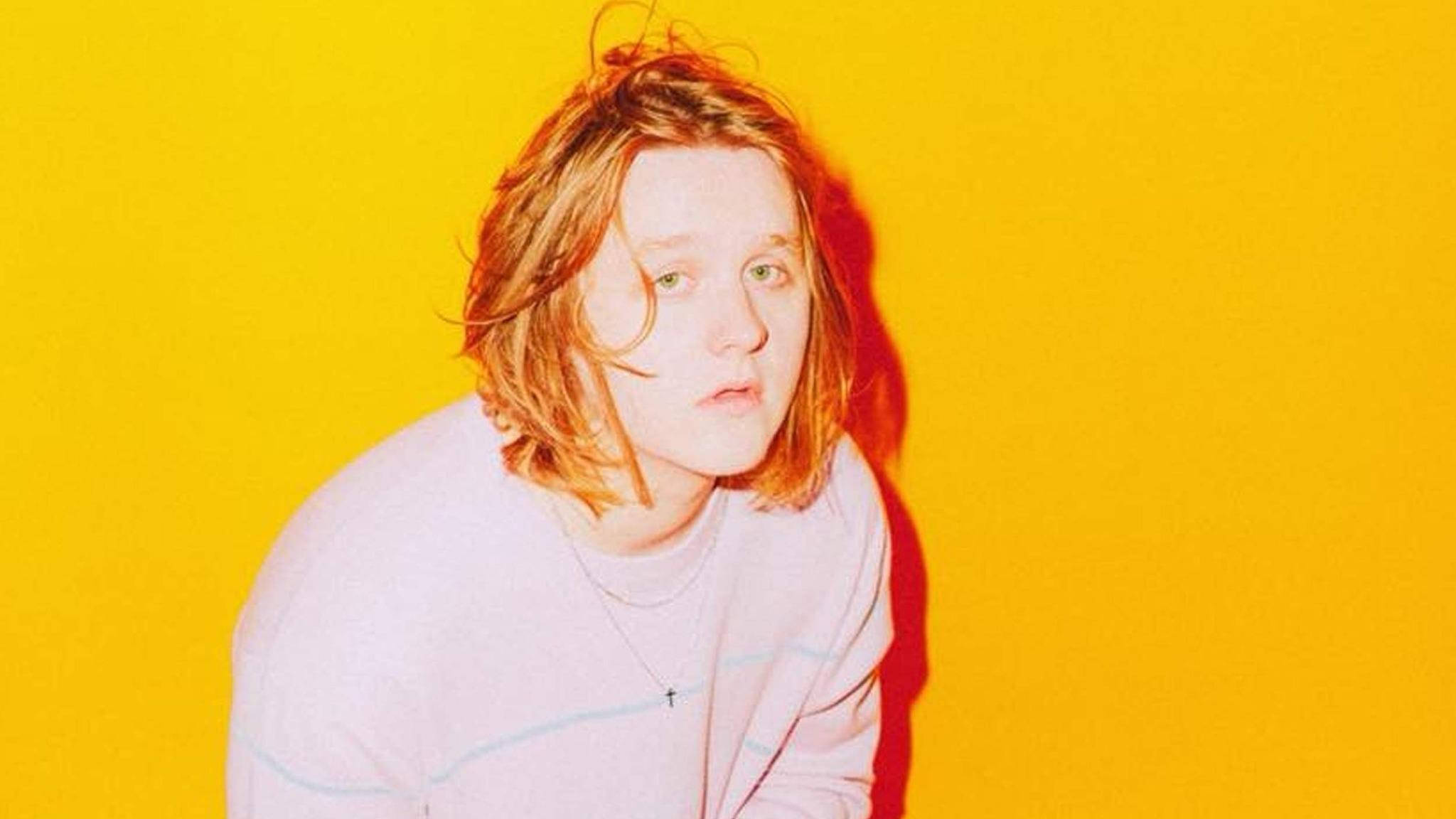 Lewis Capaldi 桌布 壁紙 — 一個頭髮凌亂的人直視鏡頭，背景是鮮黃色，帶有強烈的紅色陰影。