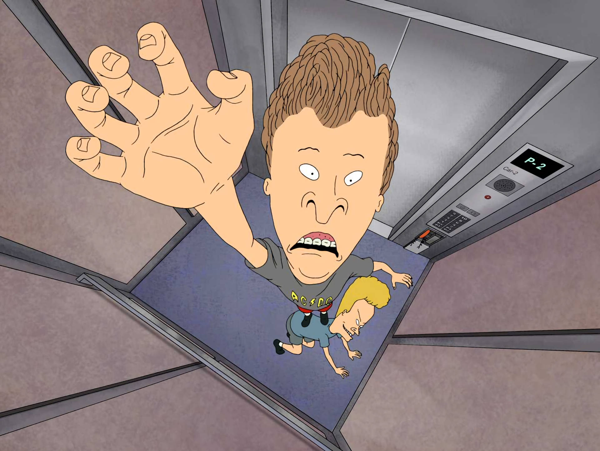 Beavis 桌布 壁紙 — 一個頭髮凌亂的卡通男人從下降的電梯中伸出手，緊緊抓住一個小孩，大聲尖叫。