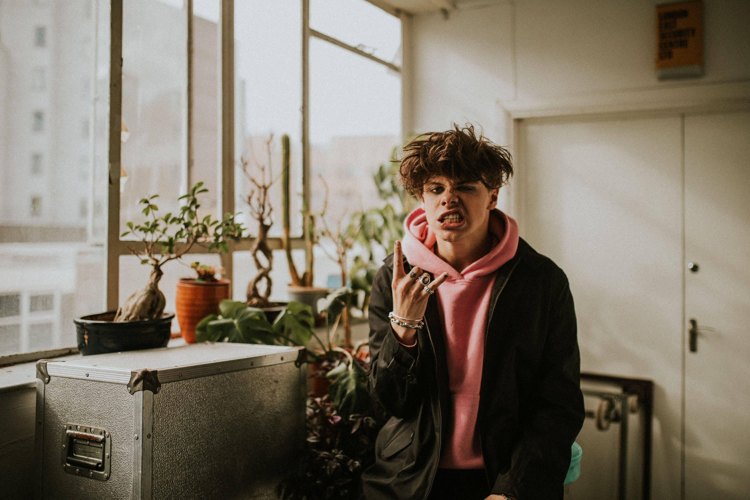 Yungblud 桌布 壁紙 — 一個頭髮凌亂的年輕人穿著粉紅色連帽衫，在窗邊有盆栽植物和金屬箱的地方做鬼臉。