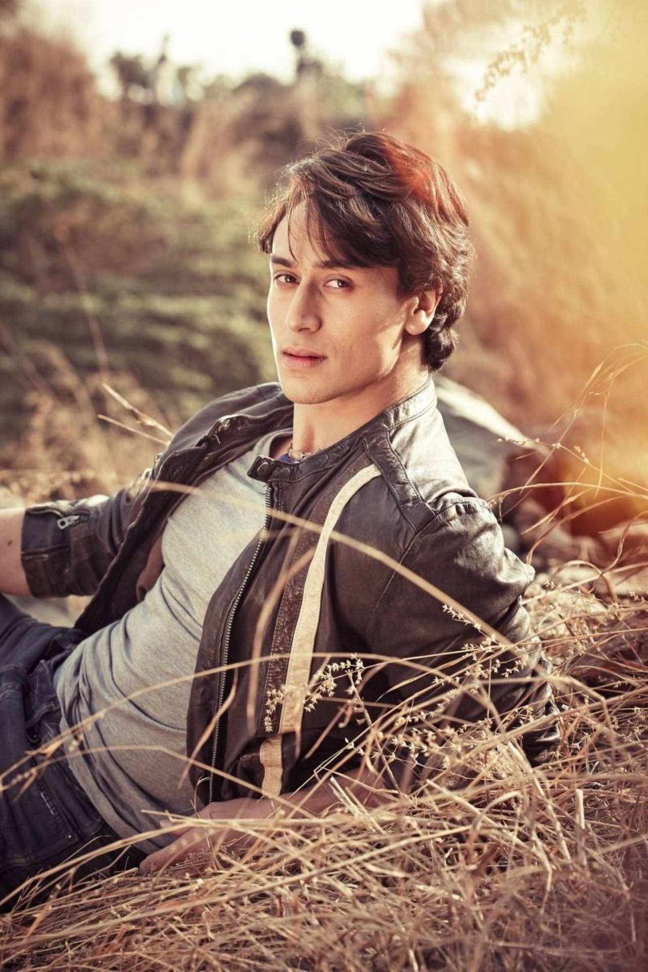 Tiger Shroff 桌布 壁紙 — 一個頭髮凌亂的年輕男子坐在沐浴在溫暖夕陽光中的金色草地上，若有所思地凝視著相機。