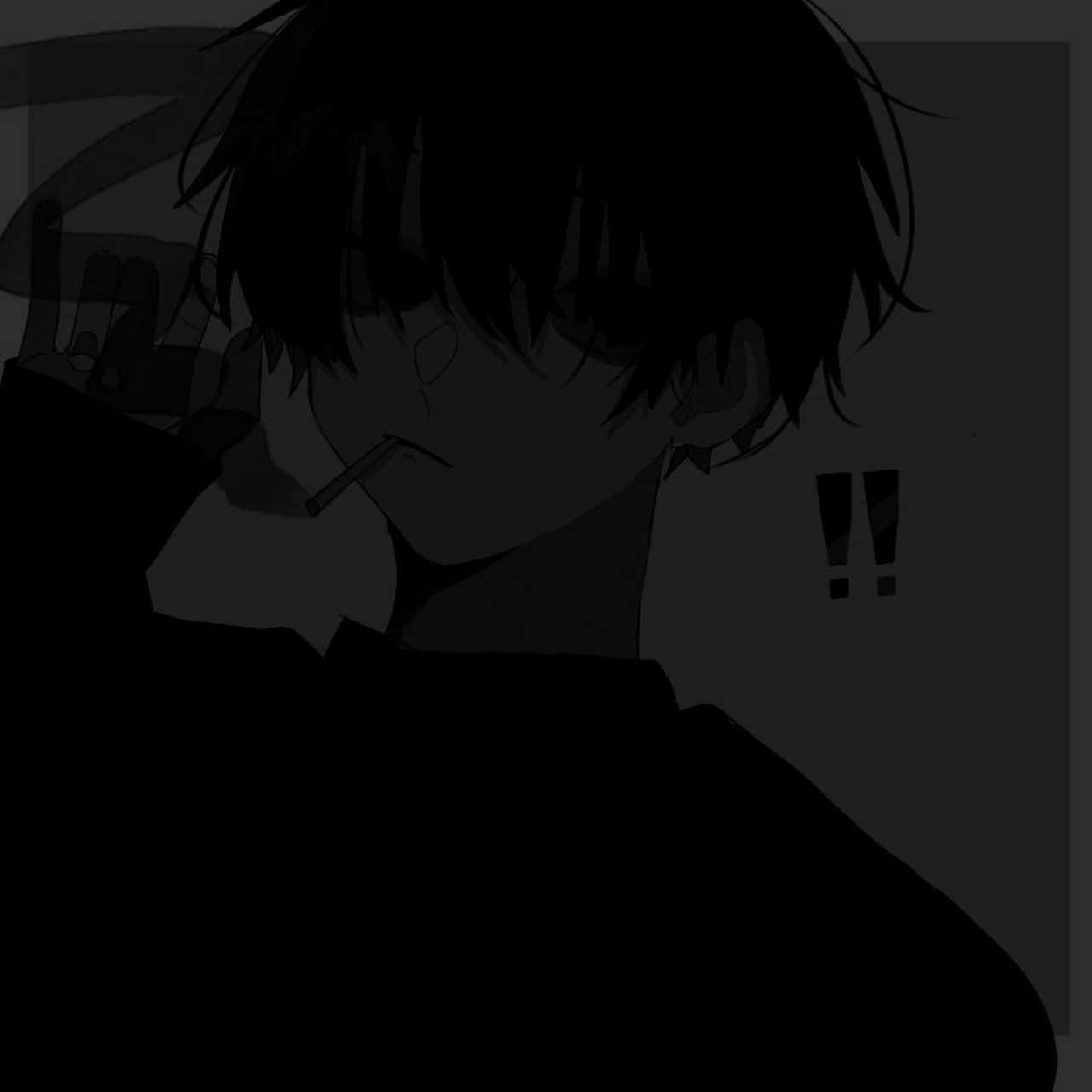 黑色動畫gif 桌布 壁紙 — 一個頭髮凌亂的暗黑動漫男孩，在陰影背景下拿著香煙並做出和平手勢。