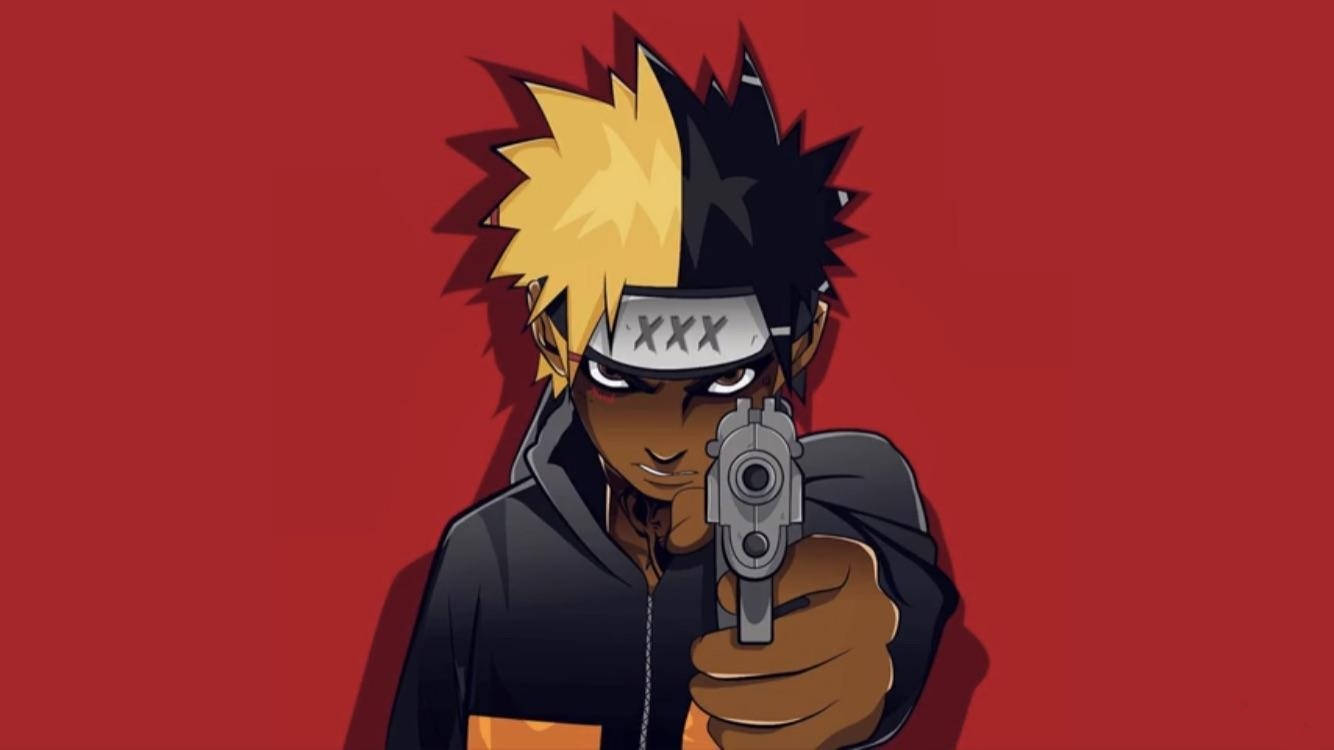Naruto Gucci 桌布 壁紙 — 一個頭髮尖刺、半黃半黑的動漫角色在純紅色背景上直接將槍指向觀眾。