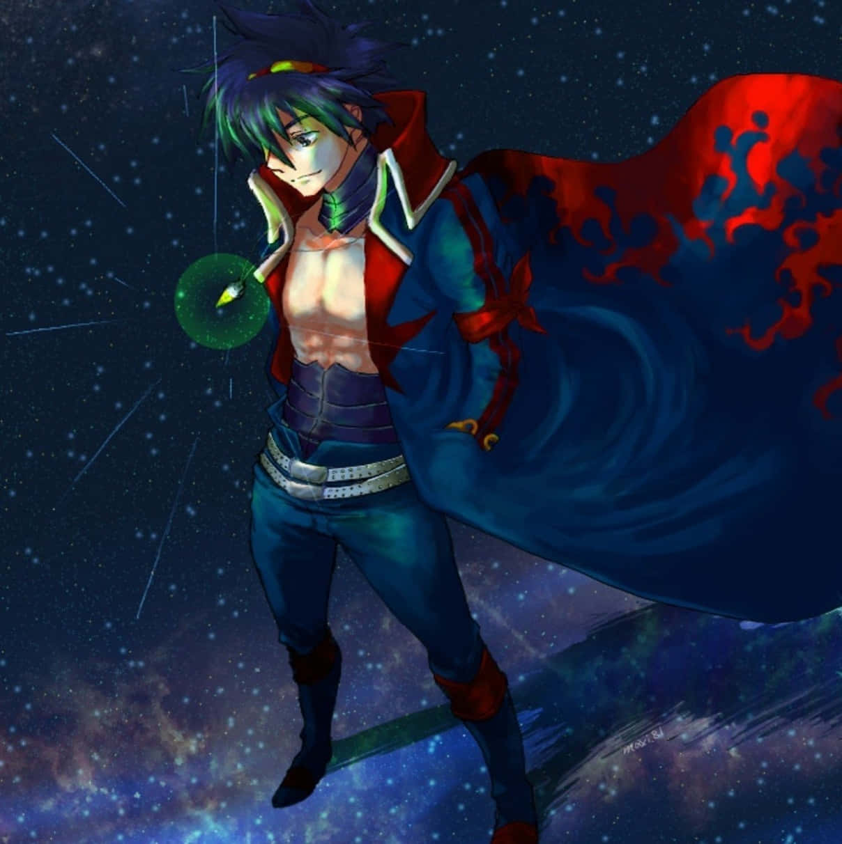 Gurren Lagann 桌布 壁紙 — 一個頭髮尖刺、披著紅色斗篷的動漫戰士，在星光宇宙背景下漂浮，手持發光的綠色球體。