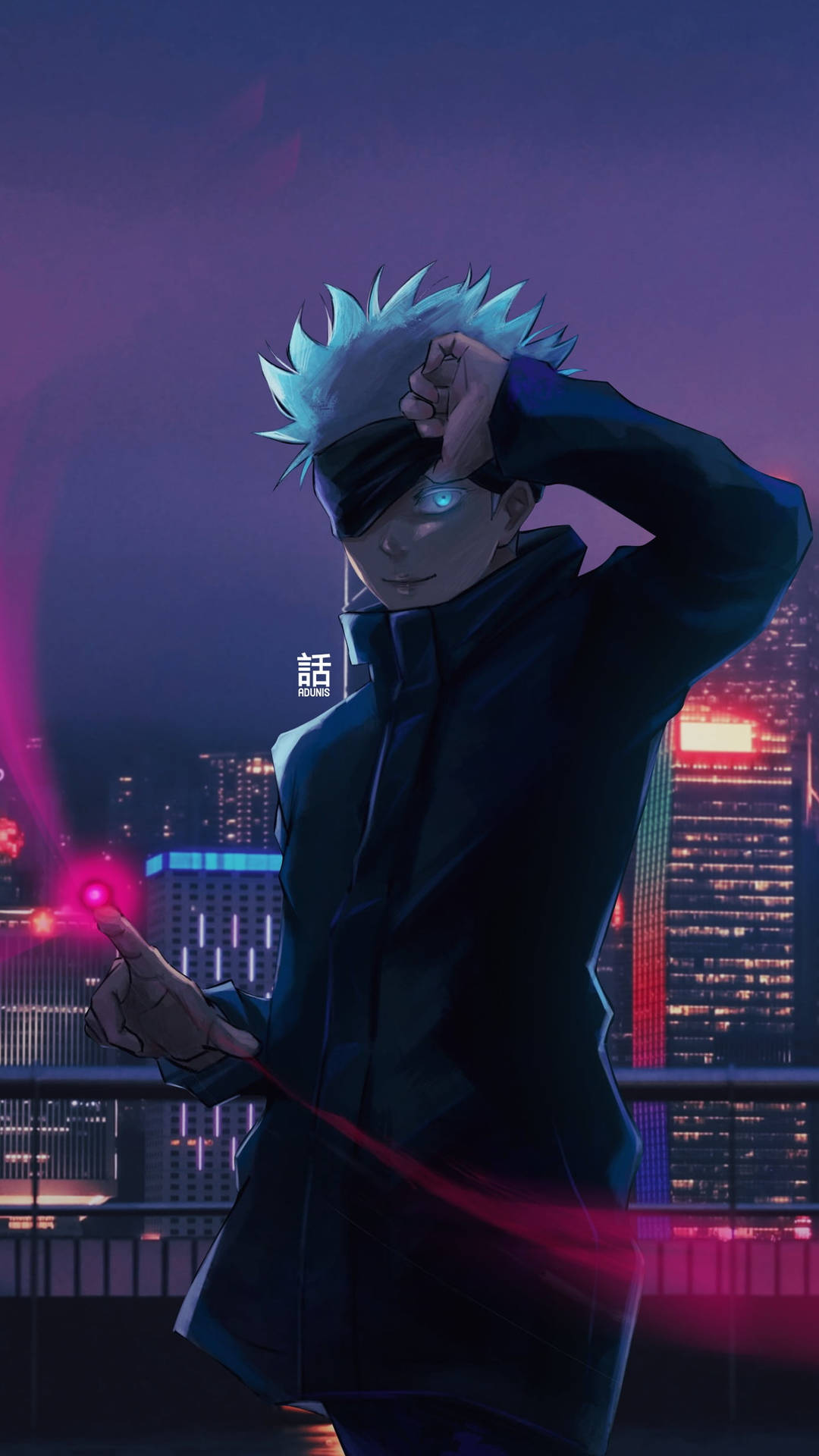 眼睛發光、戴著眼罩的動漫角色站在夜晚的霓虹城市中。 — 五條悟 GIF 壁紙