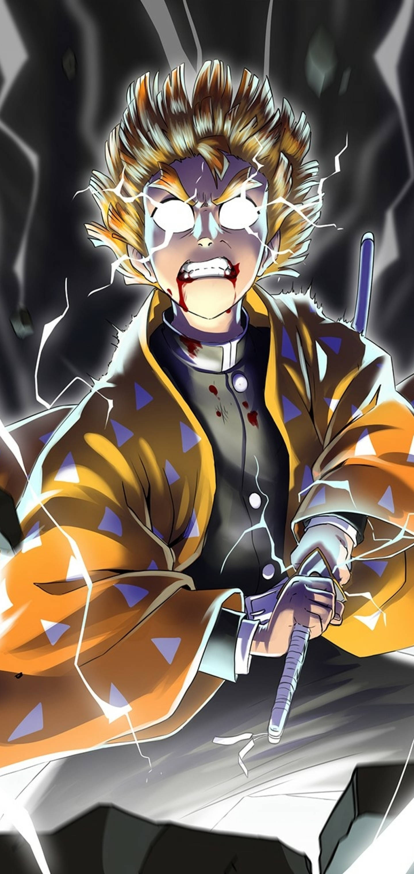 Zenitsu Pfp 桌布 壁紙 — 一個頭髮尖刺、眼睛發光的兇猛動漫戰士，在黑暗風暴背景下，伴隨著噼啪作響的閃電揮舞著劍。