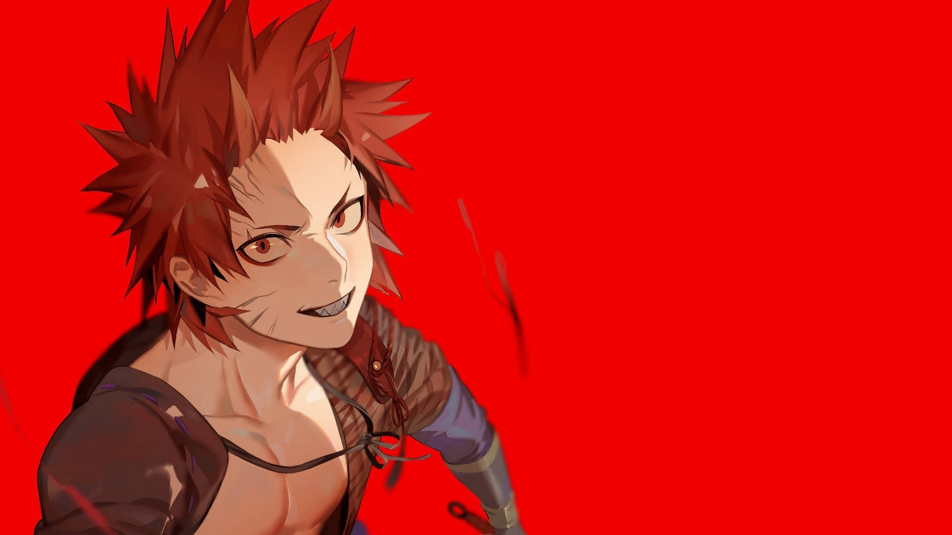 Kirishima 桌布 壁紙 — 一個頭髮尖刺、紅眼睛、咧嘴笑的動漫角色，站在純紅色背景前。